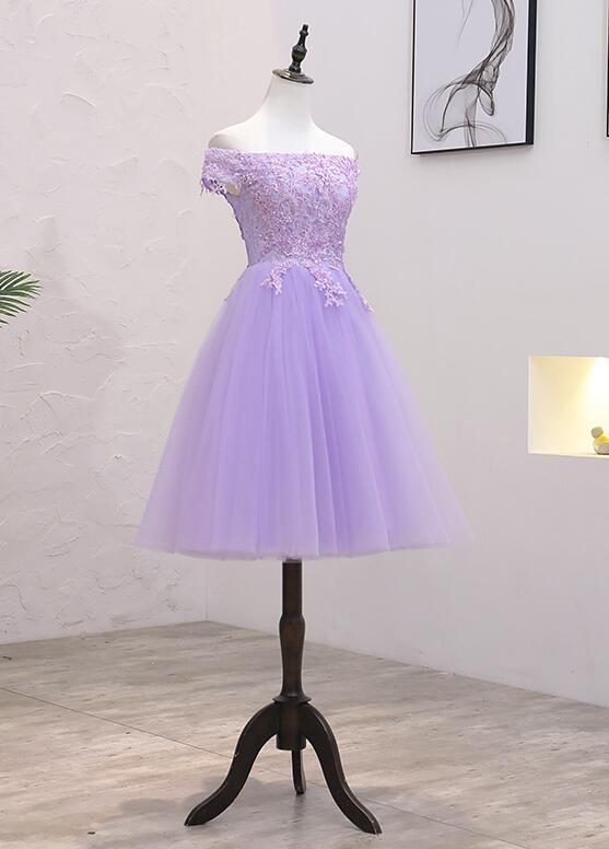 Light Purple Lace Tulle Homecoming Dress - Off Shoulder Short Party Dress J3865 | Prom, Cocktail, Sweet 16, Quinceañera, Formal Events
