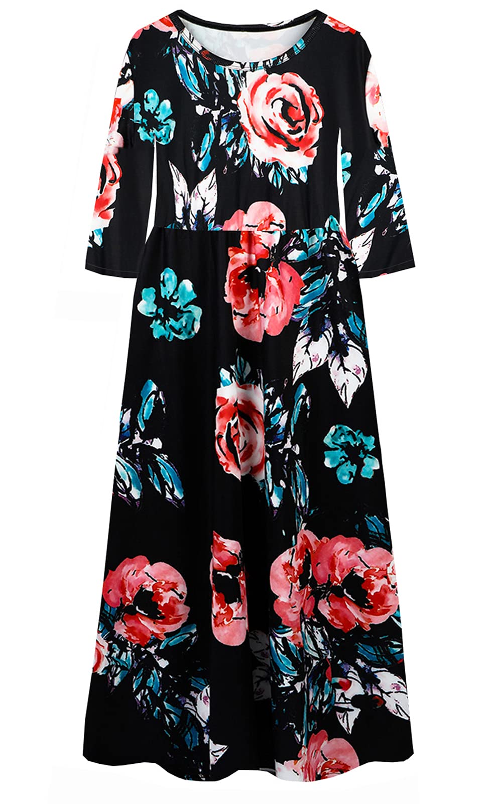 LYXIOF Girls Floral Print Maxi Dress with Pockets - Summer Casual Short Sleeve Dress for Beach, Vacation & Outdoor Activities