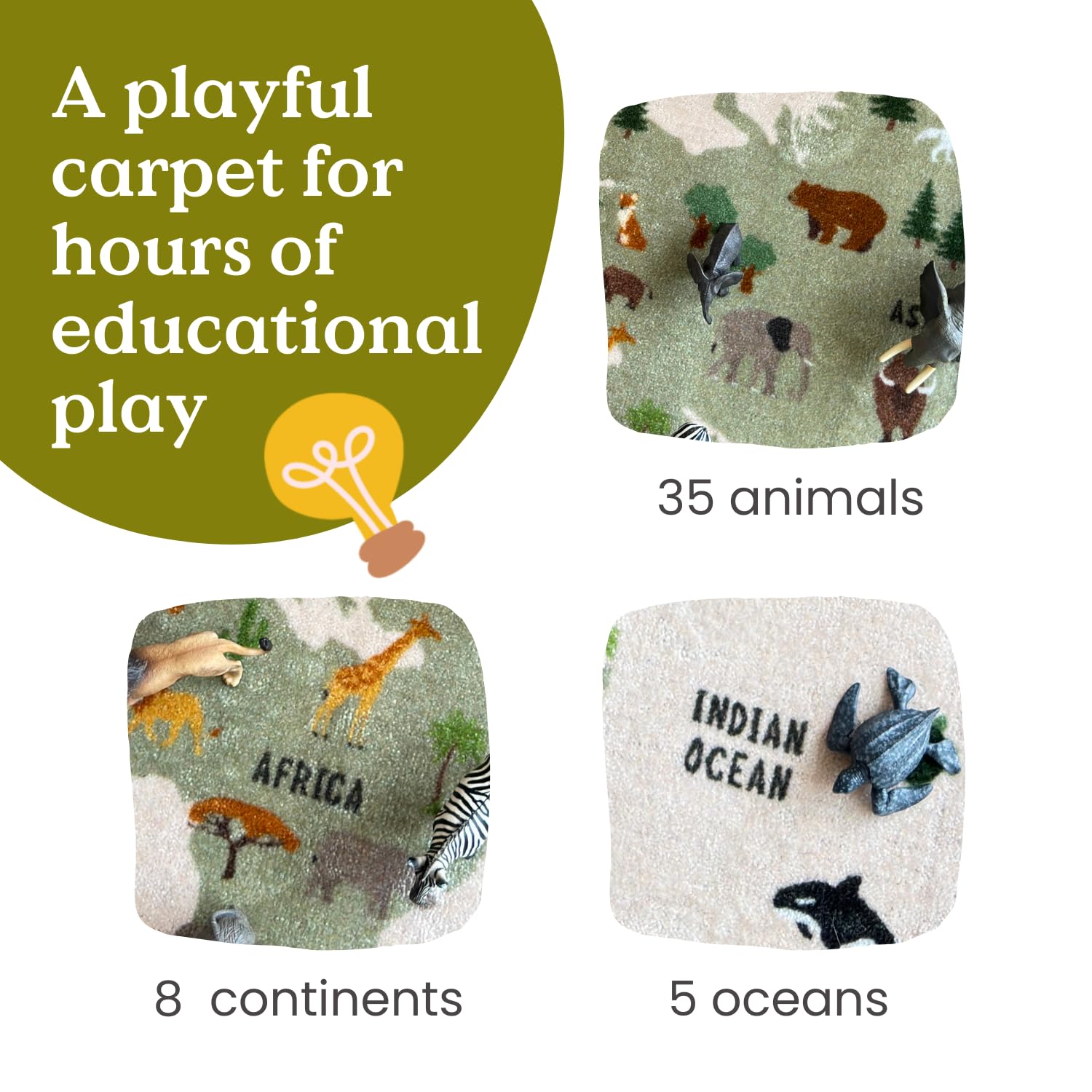 59 x 31 Inch World Map Educational Kids Carpet with Animals, Continents & Oceans - Soft Non-Slip Playmat Rug for Children's Bedroom, Nursery or Playroom - Perfect for Learning Geography & Fun Playtime