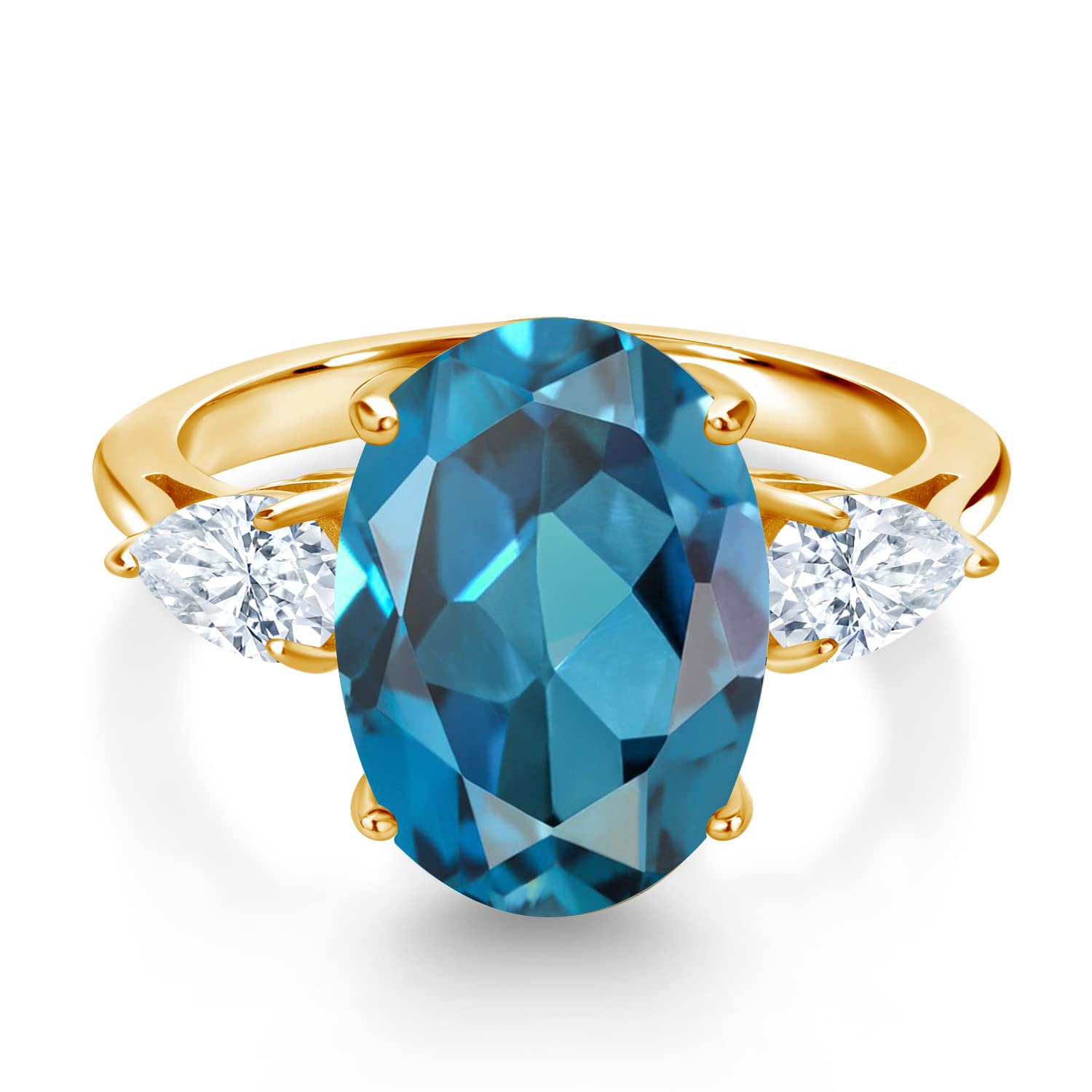 18K Yellow Gold Plated Silver 3-Stone Ring with Oval London Blue Topaz & Moissanite (7.30 Cttw) - Elegant Jewelry for Weddings, Anniversaries & Special Occasions | Gem Stone King