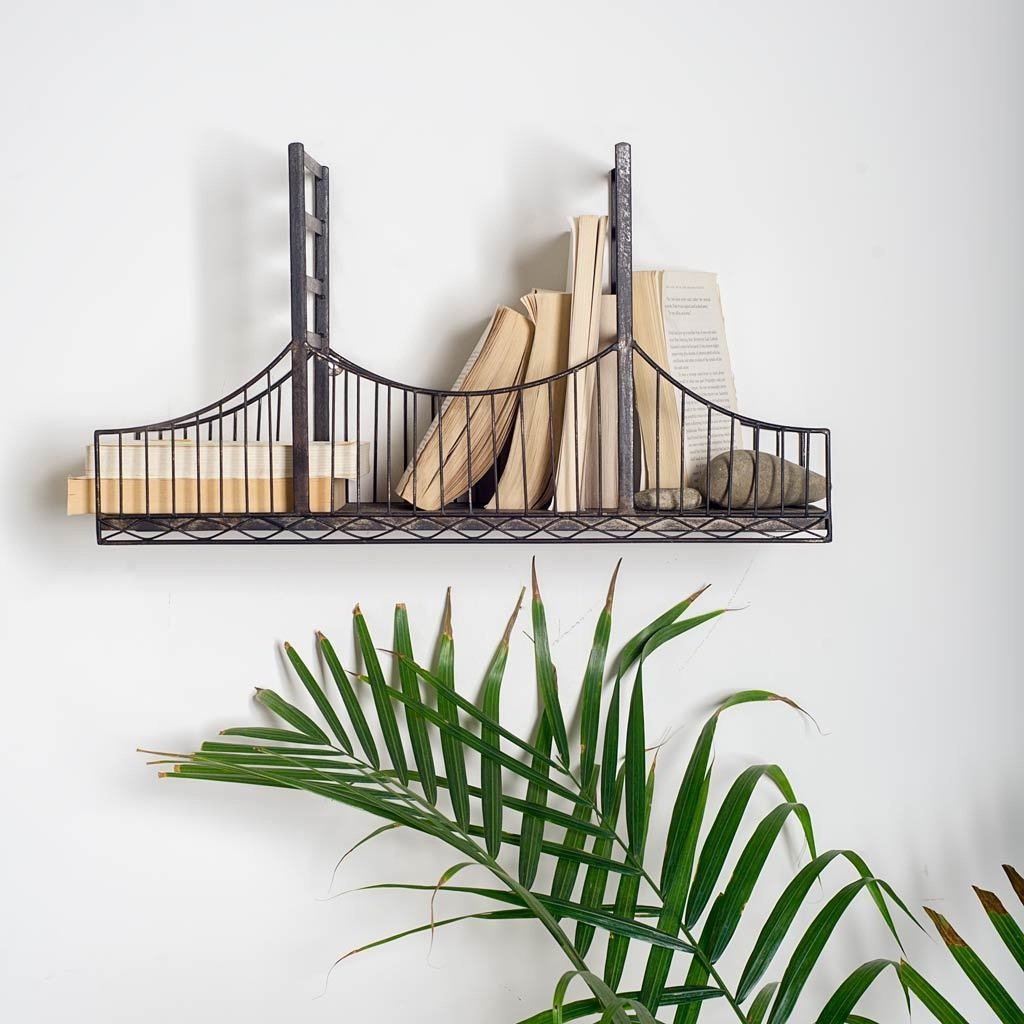 Premium Black Metal Bridge Shelf - Sturdy & Durable Industrial Style Display Shelf for Home Decor - Perfect for Books, Statues, Plants in Living Room, Office or Bedroom