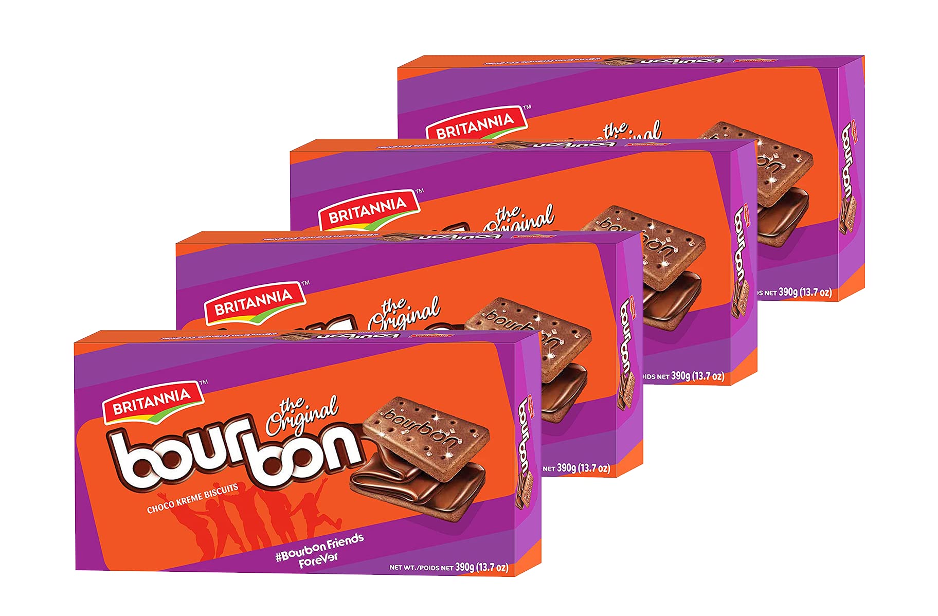 Britannia Bourbon Original Choco Creme Biscuits 13.75oz (390g) Pack of 4 - Smooth Chocolate Cream Sandwich Cookies with Sugar Crystals - Perfect for Breakfast, Tea Time, Office Snacks & Kids Lunchboxes