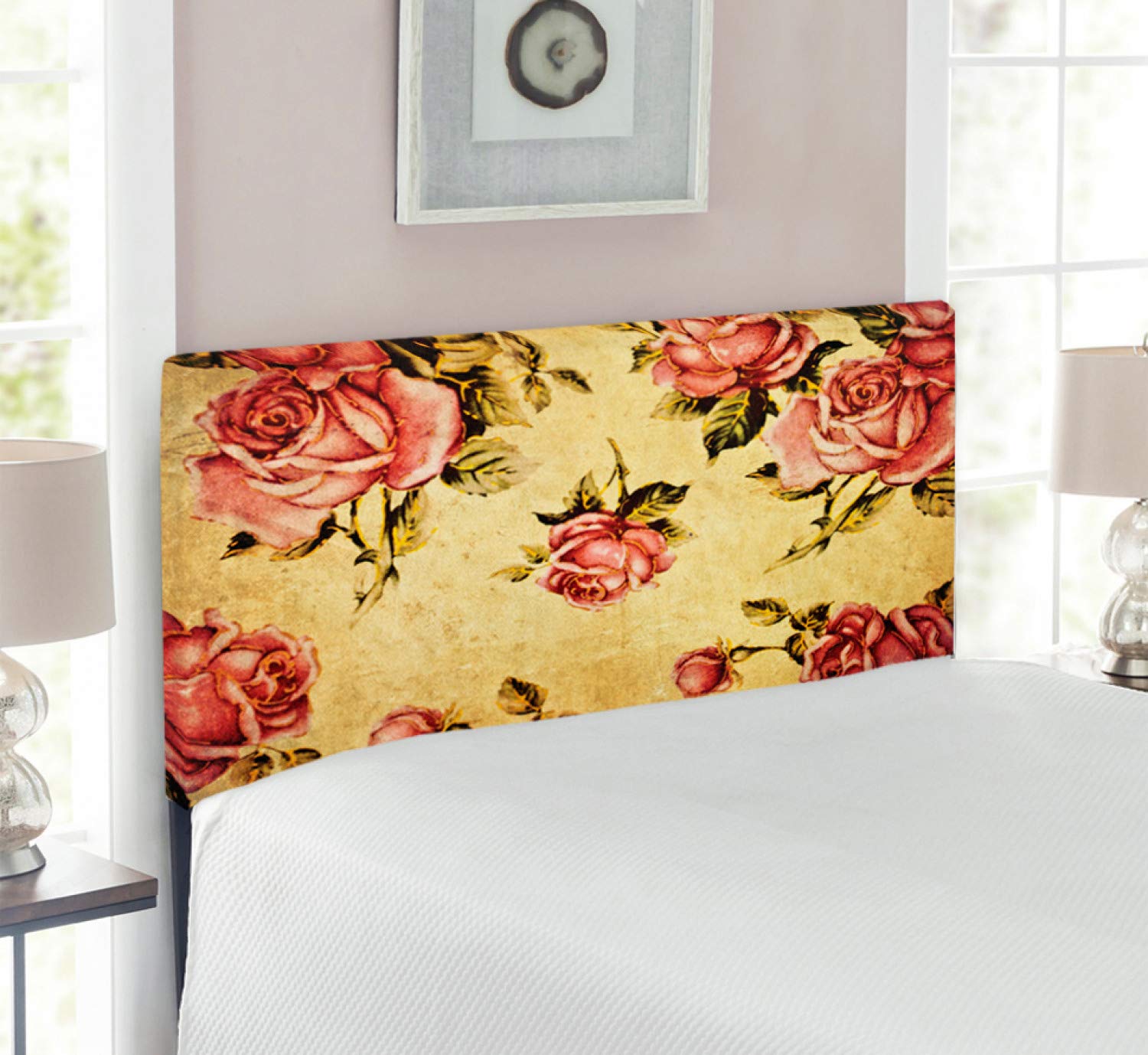 Ambesonne Victorian Rose Headboard - Twin Size Upholstered Metal Bed Frame with Memory Foam, Bohemian Floral Design in Cream Pink Green | Perfect for Master Bedroom, Guest Room & Bohemian Home Decor