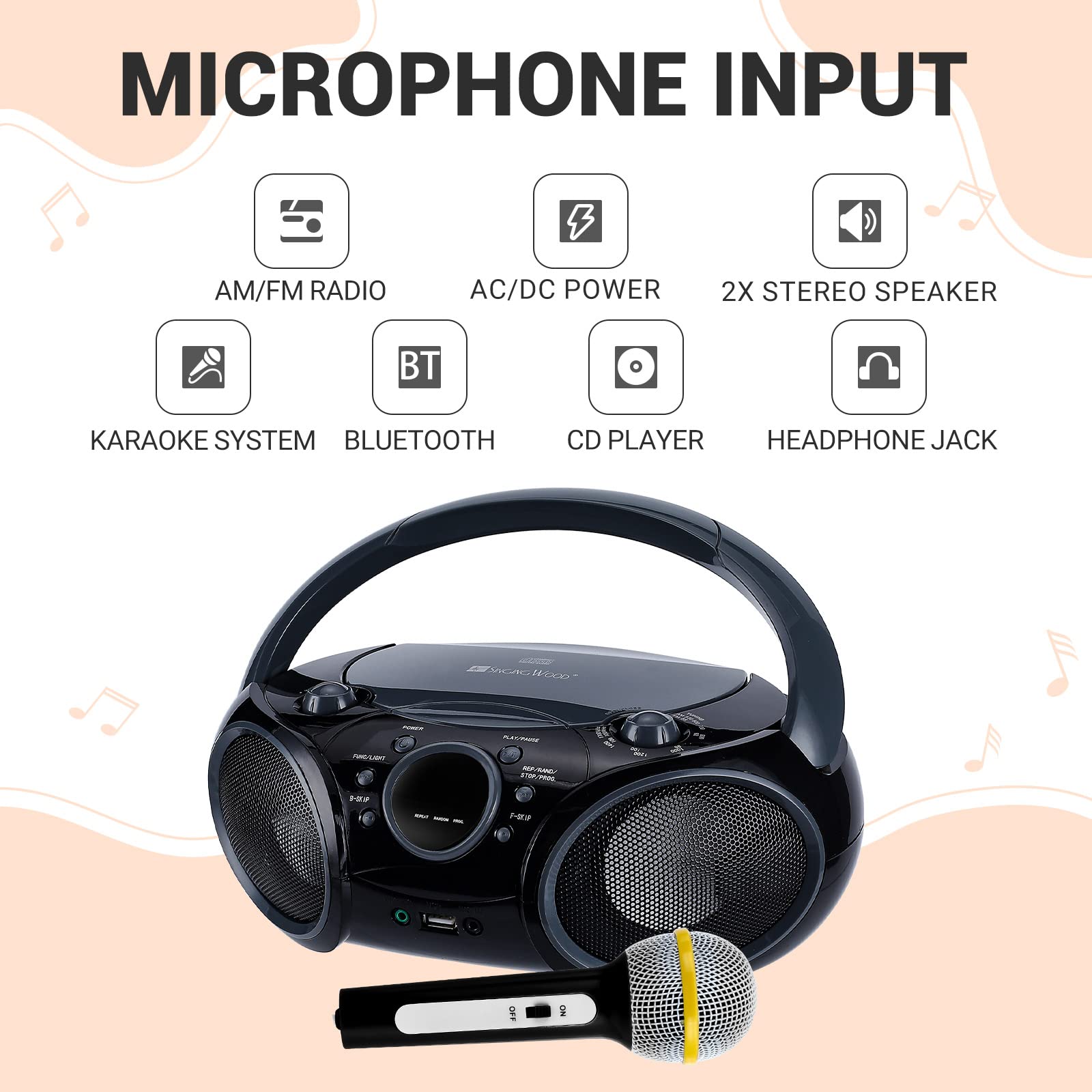 SingingWood NP030AB-GK Portable Bluetooth Karaoke System with CD Player, AM/FM Radio, Headphone Jack - AC/Battery Powered Boombox for Home Parties, Outdoor Gatherings & Travel Entertainment (Black)