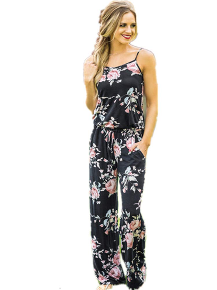 Xuan2Xuan3 Women's Floral Print Halter Neck Sleeveless Jumpsuit - Stretchy Wide Leg Romper with Long Pants for Summer Casual Wear, Beach Vacation & Outdoor Parties