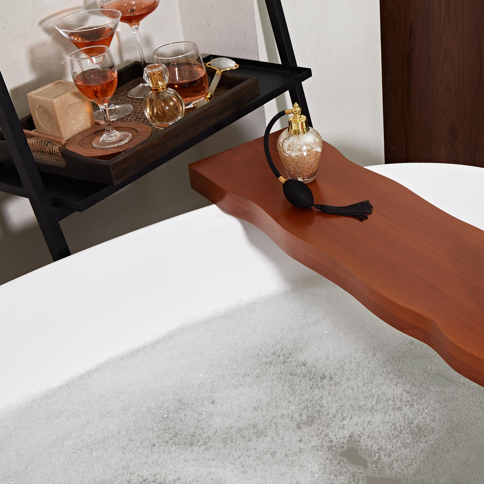 Premium Teak Wood Bath Caddy with Adjustable Track & Rustic Live Edges - Dark Wood Bathtub Tray for Bath Accessories | Perfect for Relaxing Baths, Spa Days & Luxury Bathroom Decor