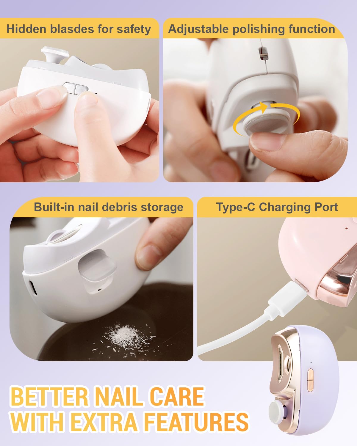 3 in 1 Automatic Electric Nail Clipper with Polishing & Light - 2025 Upgraded 2-Speed Adjustable Toe & Finger Nail Trimmer for Baby, Adult & Seniors - Perfect for Home, Travel & Pedicure (Purple)