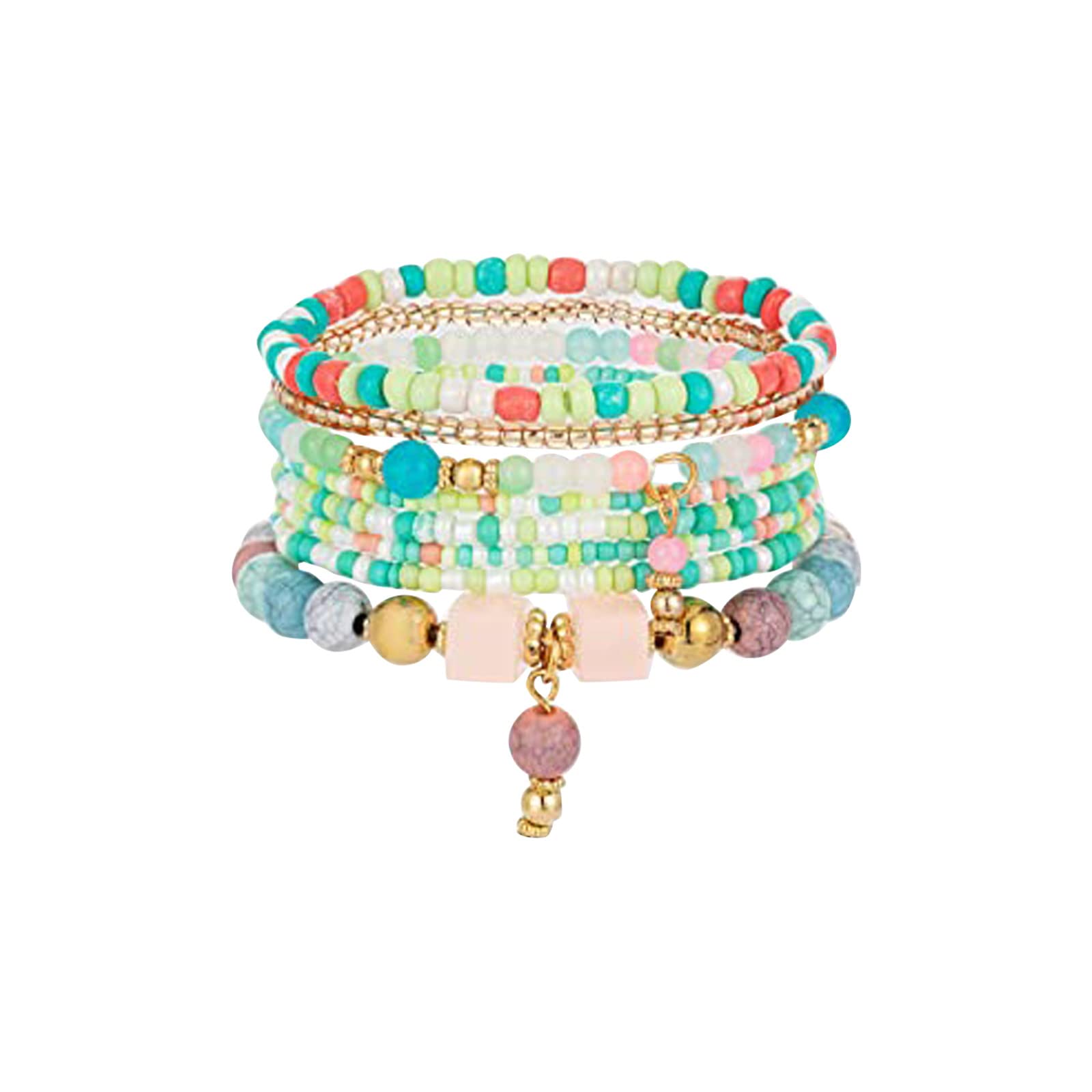 Bohemian Stretch Bracelets for Women - 6 Sets Multilayer Stackable Colorful Beads Adjustable Bracelet Jewelry Set (Multicolor, One Size) - Perfect for Casual Wear, Beach Vacation, Festival Outfits and Boho Chic Style