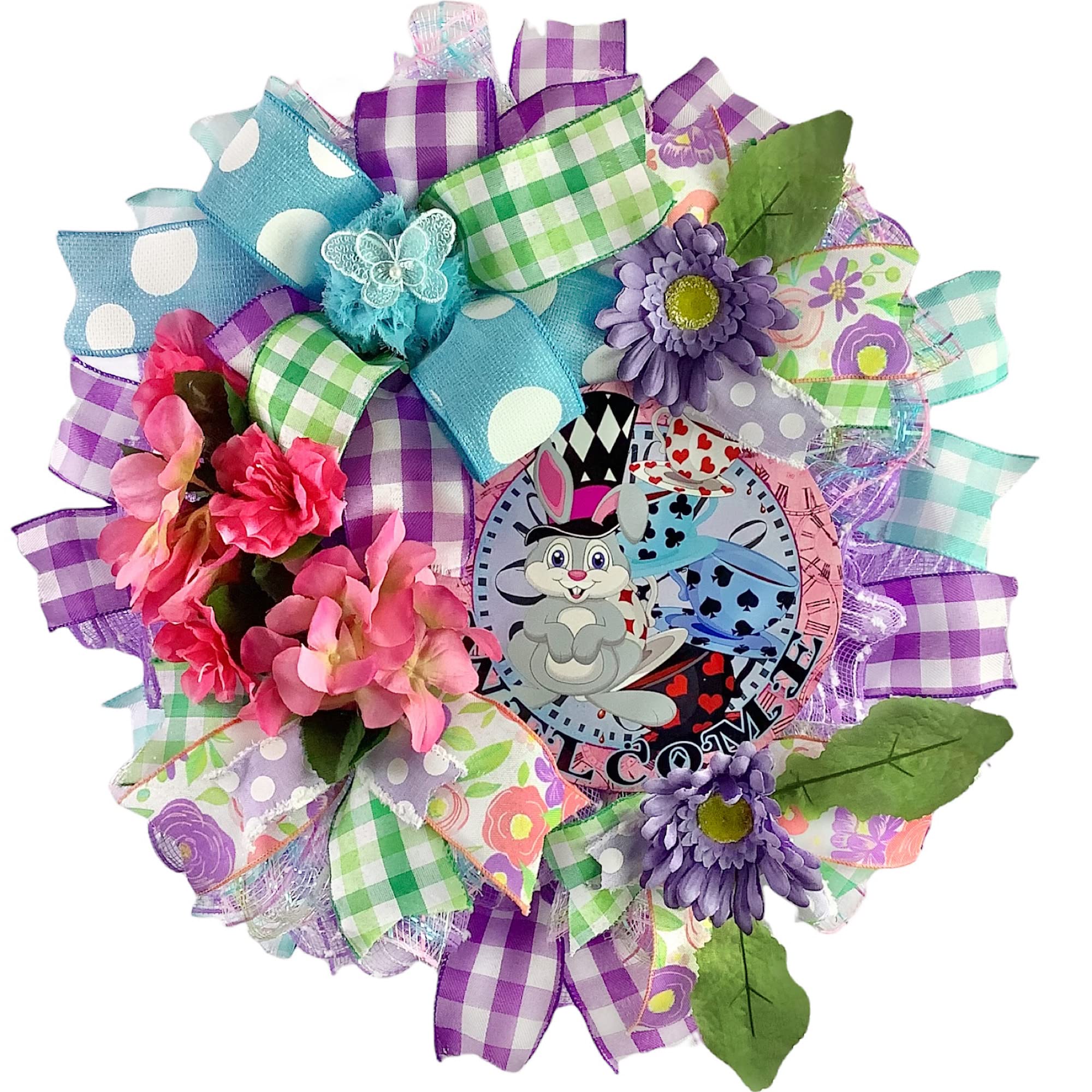 Welcome Rabbit Wreath - Spring Valentine Easter Door Decor with Chiffon Flowers & Butterflies | Seasonal Front Door Hanging for Home Holiday Decorations