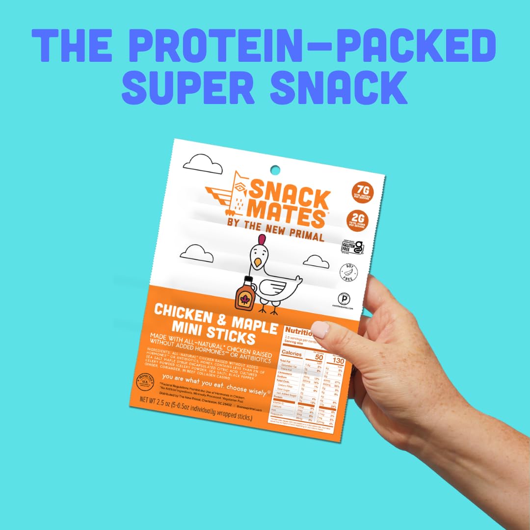 The New Primal Snack Mates Chicken & Maple Sticks – Gluten Free, Low Sugar, High Protein (7g) Healthy Kids Snacks – 50 Calorie Mini Paleo Jerky Meat Sticks (40 Pack) – Perfect for School Lunches, After-School Snacks & On-The-Go Nutrition