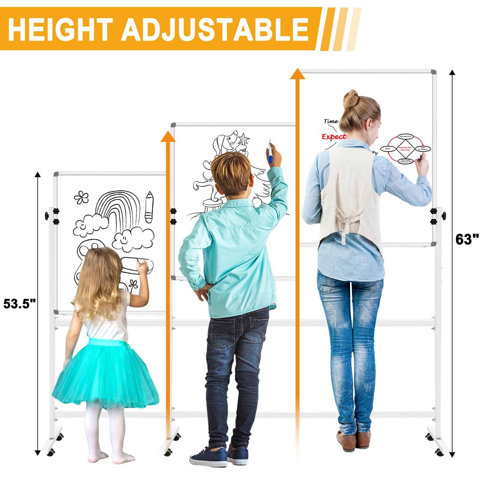 Adjustable Height 36x24 Dry Erase Whiteboard with Rolling Stand - Mobile Magnetic Whiteboard on Wheels for Office, Classroom & Home Use