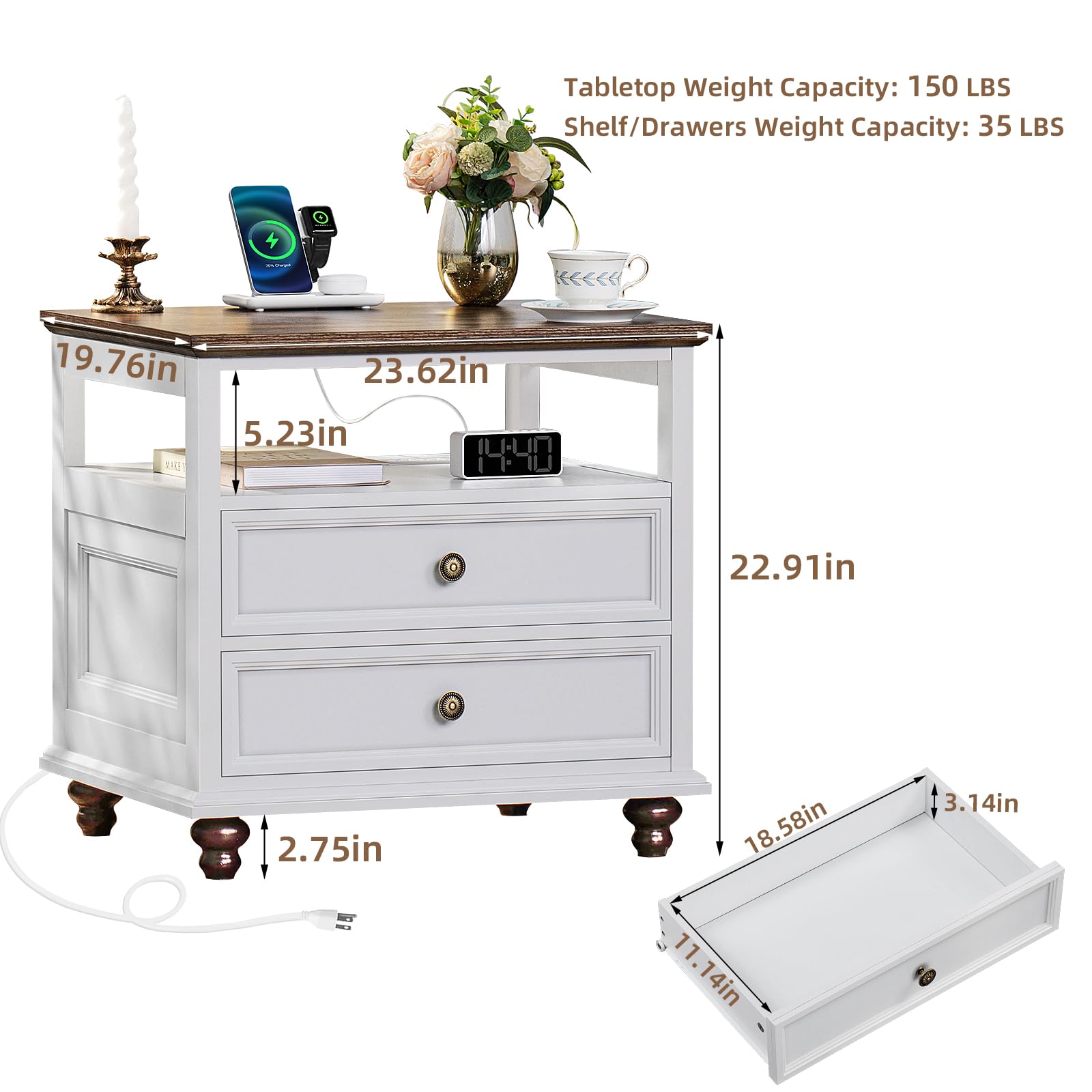 Farmhouse Style Nightstands Set of 2 with Charging Station & 7-Drawer Wood Dresser - 54