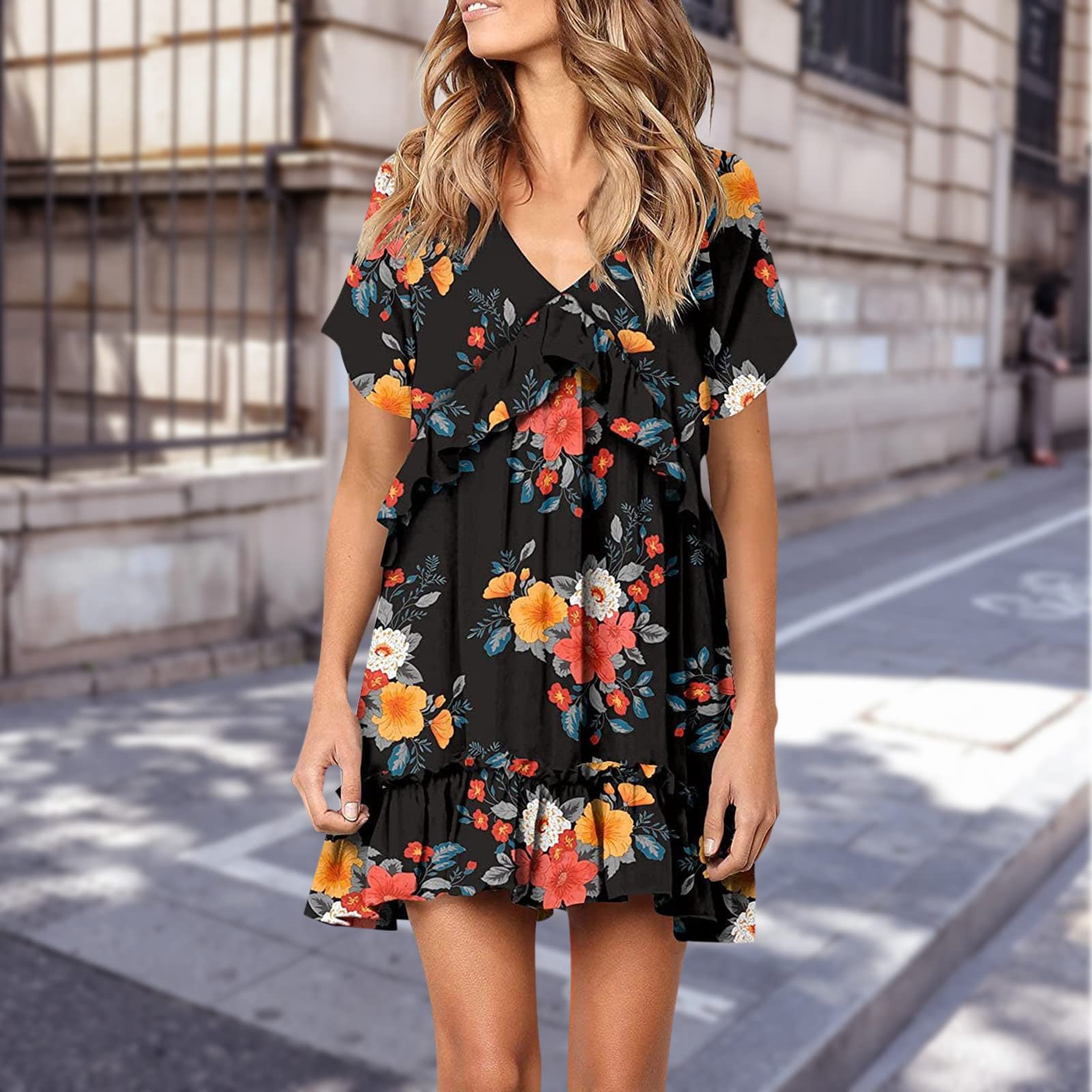 Women's Summer Cotton Linen Dress - Casual Short Sleeve V-Neck Button Down Midi Dress with Layered Design (Black, XL) | Perfect for Beach Outings, Picnics, and Summer Vacations