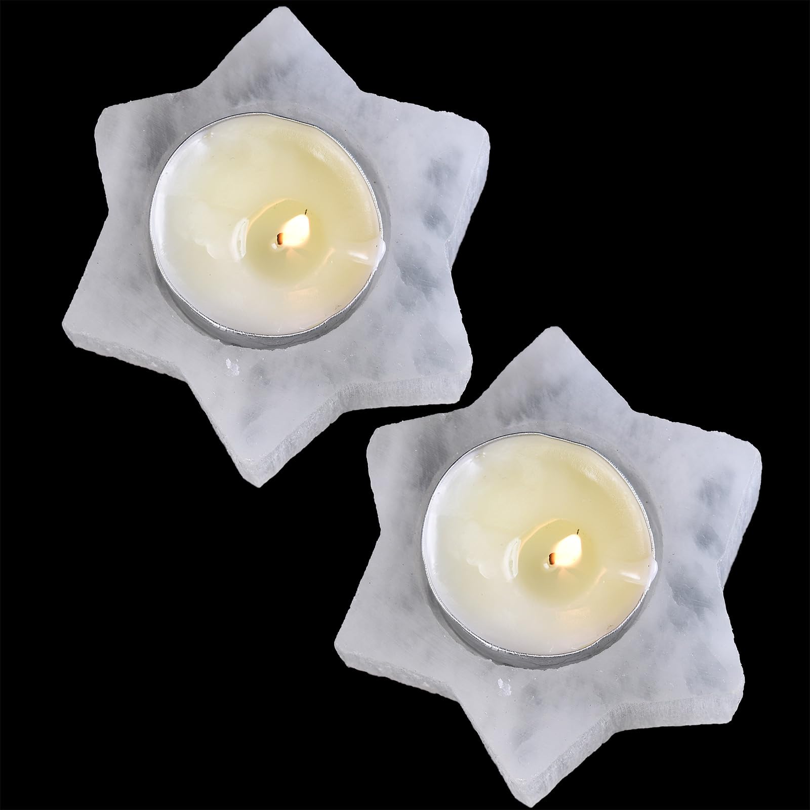 AMOYSTONE Selenite Tealight Holders - 2PC Star Shaped Crystal Candle Holders for Decorative Home & Meditation, 3