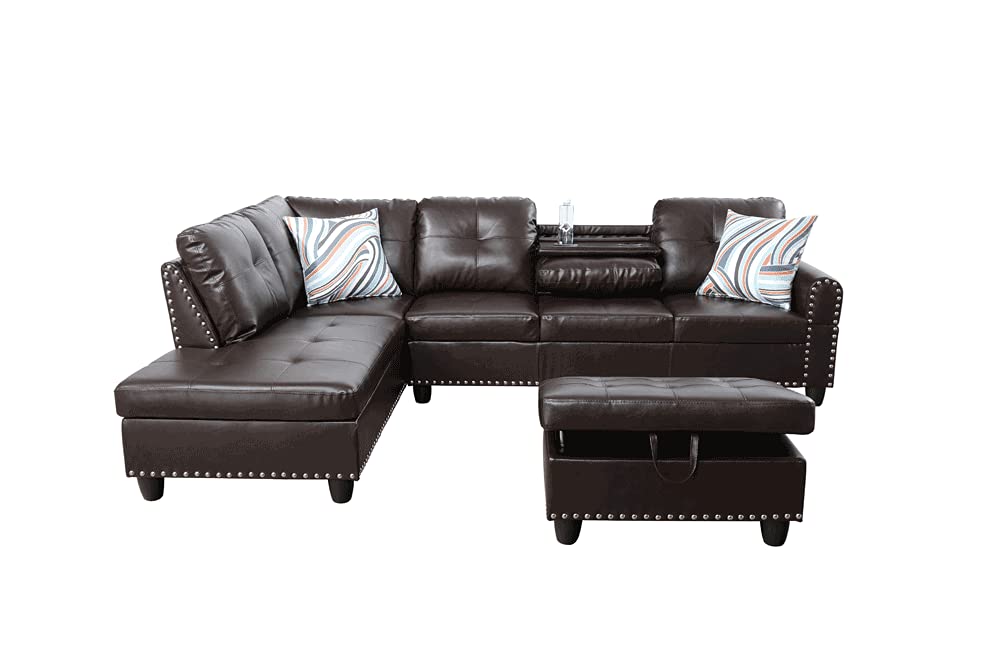Modern Left-Facing Sectional Sofa with Ottoman & Cup Holders - Brown Faux Leather for Living Room | Perfect for Small Spaces, Family Gatherings & Movie Nights
