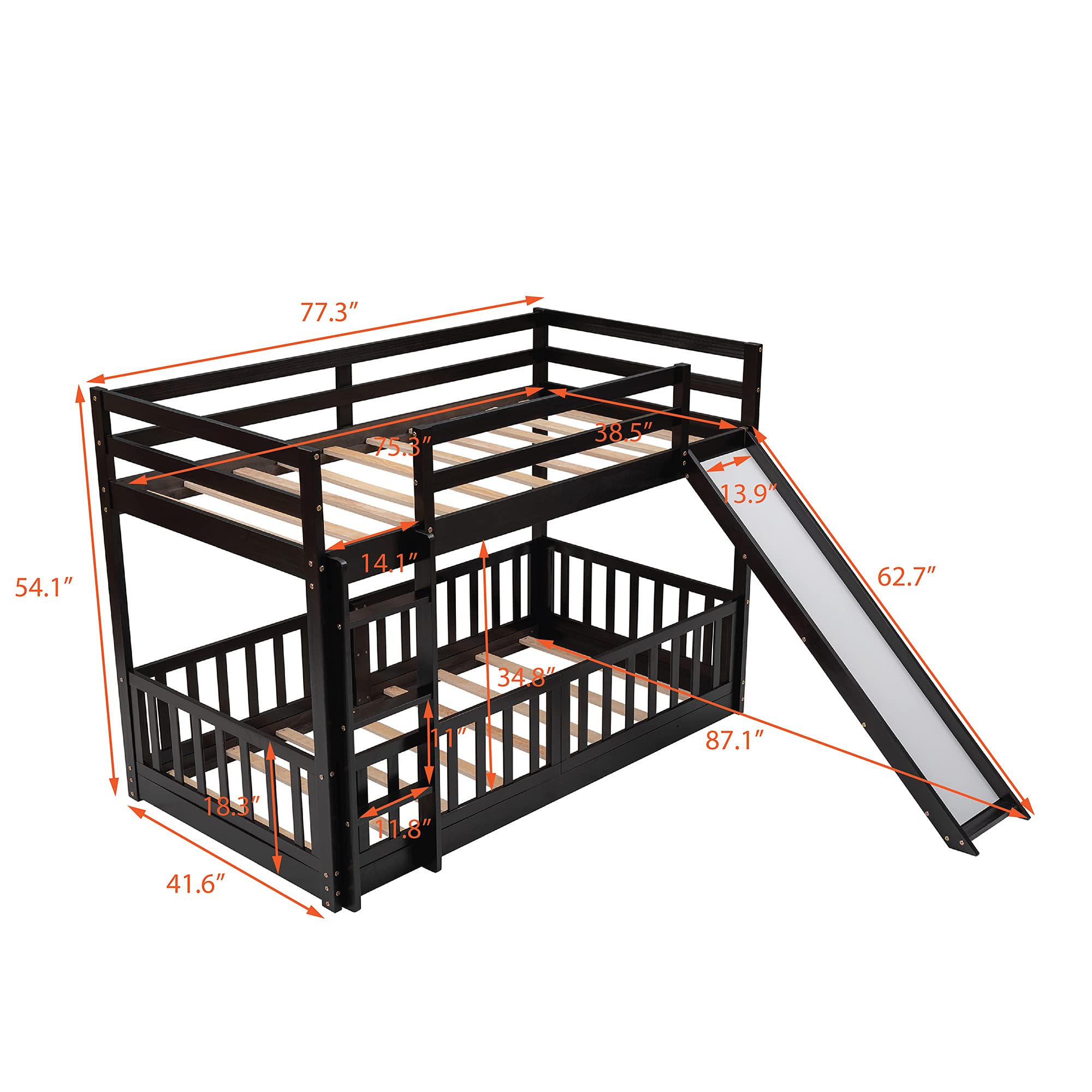 RUNNA Twin Over Twin Wood Bunk Bed with Convertible Slide & Ladder - Space-Saving Kids Loft Bed with Full-Length Guardrail - Espresso Finish for Bedroom, Dorm, or Playroom