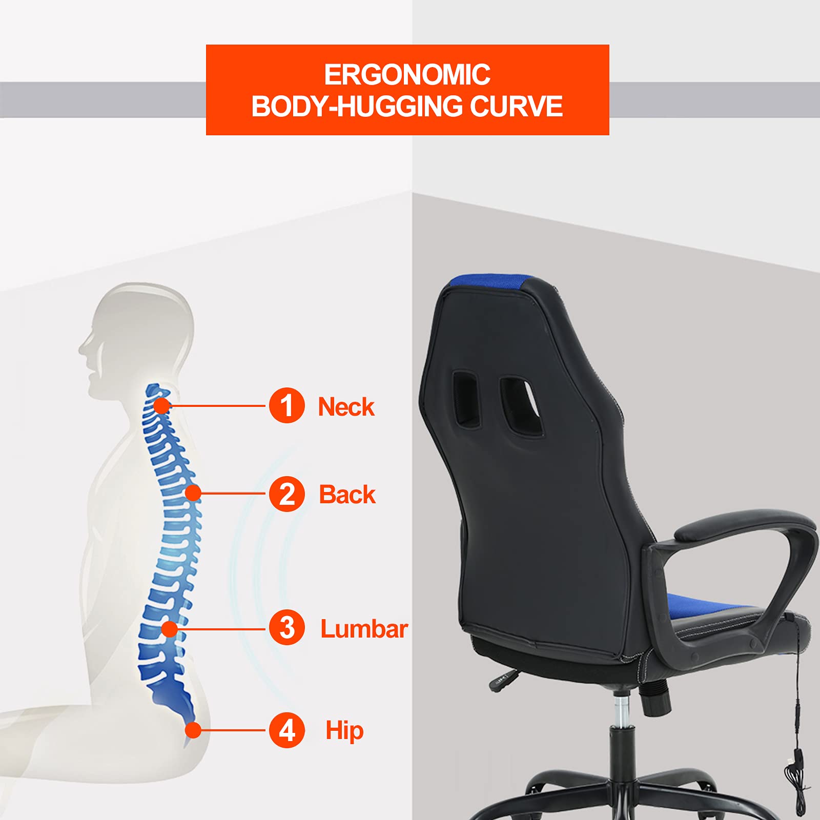 Ergonomic Office Chair with Lumbar Support & Headrest - High Back PU Leather Executive Computer Desk Chair for Adults - Perfect for Home Office, Gaming & Workspaces (Blue)