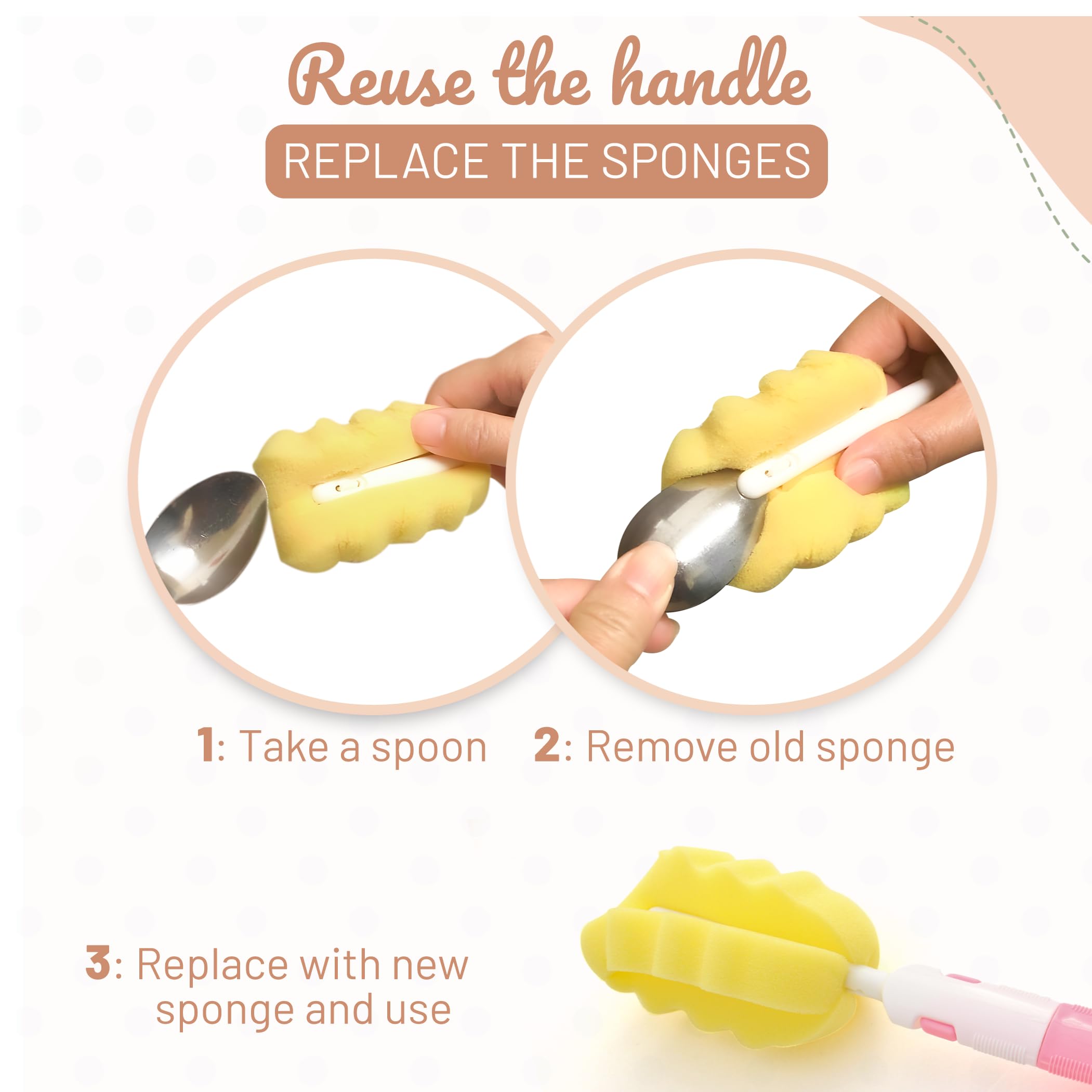 6 Pack Brush Replacement Sponges - 3 Bottle Cleaning Sponges & 3 Nipple Brushes for Baby Bottles | Perfect for Cleaning Narrow Bottles, Sippy Cups, and Straws | Dishwasher Safe & Durable