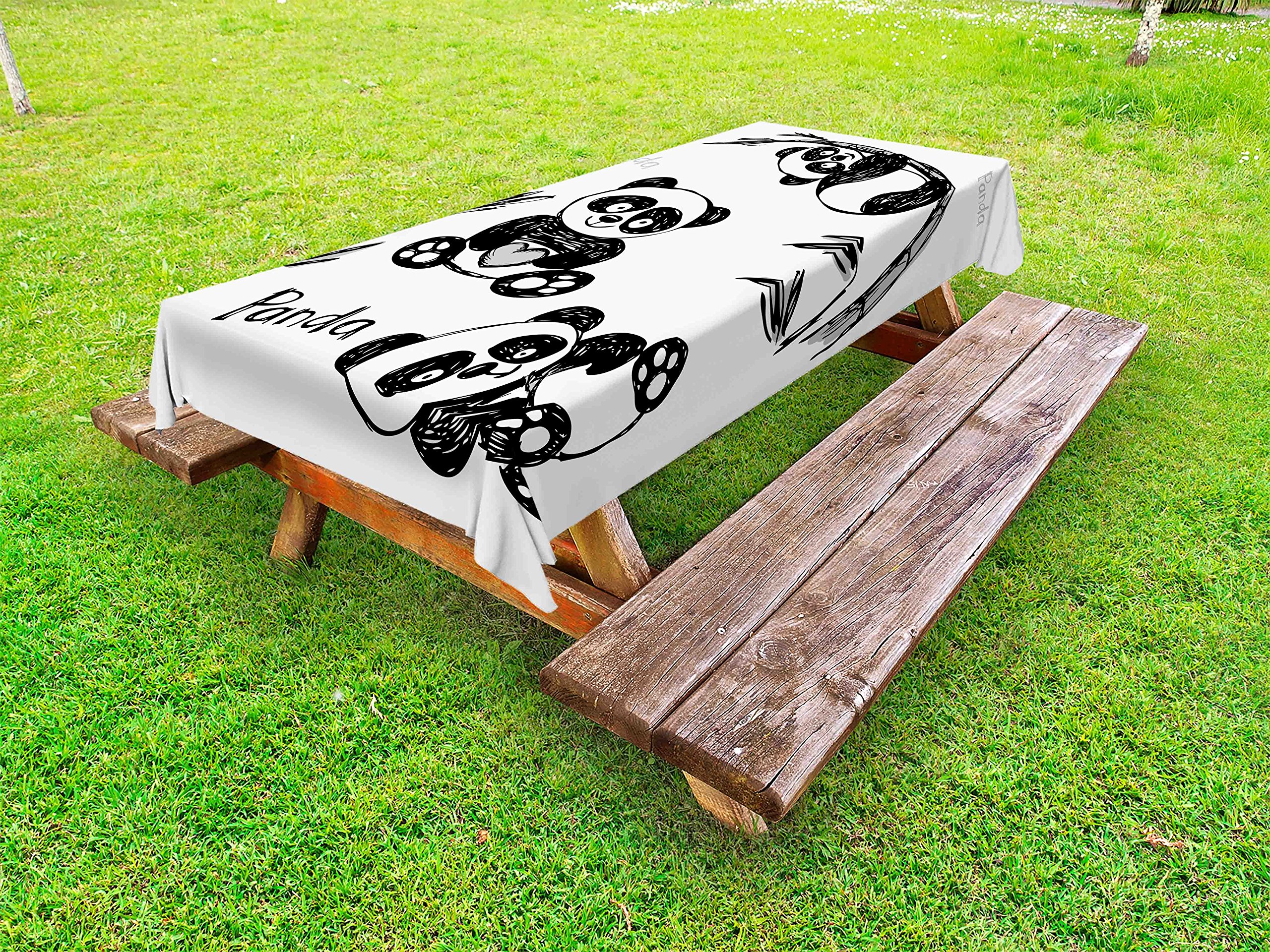 Ambesonne Panda Print Outdoor Tablecloth - Cheerful Animal Cartoon Design, Washable Picnic Table Cover 58x120 Inches, White & Black - Perfect for Picnics, BBQs, and Outdoor Parties