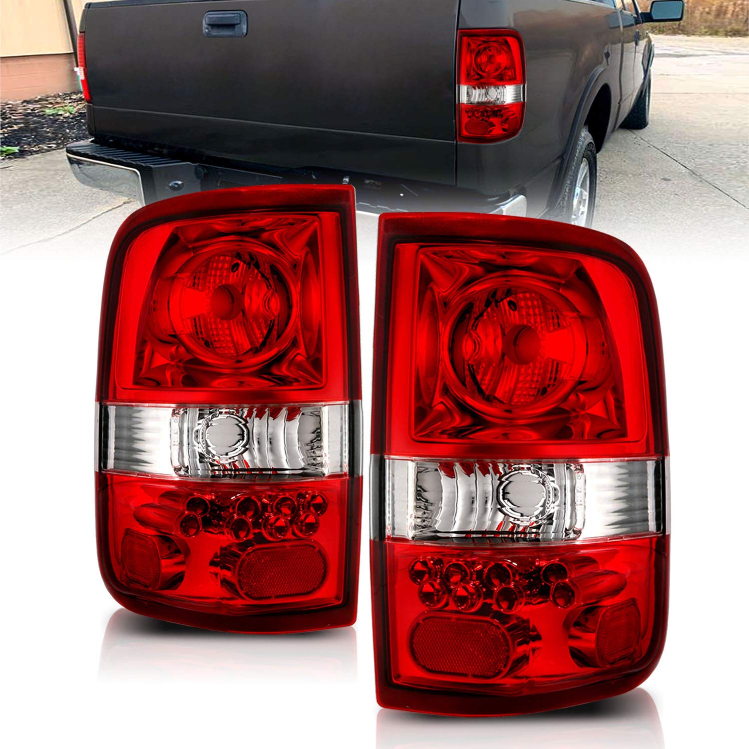 AmeriLite Red/Clear Euro Tail Lights for Ford F-150 - Left & Right Side Pair | Durable LED Brake Lights for Improved Visibility & Style | Perfect for Off-Roading, Night Driving & Custom Truck Upgrades