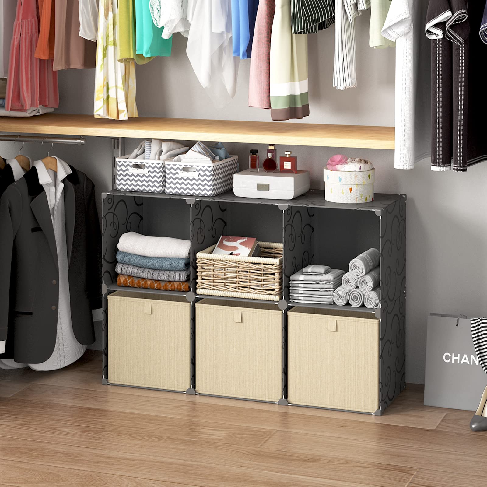 MAGINELS 6-Cube Storage Organizer with 3 Storage Boxes - Modular Closet Organizer, DIY Garment Rack & Cabinet - Black | Perfect for Bedroom, Closet & Office Organization
