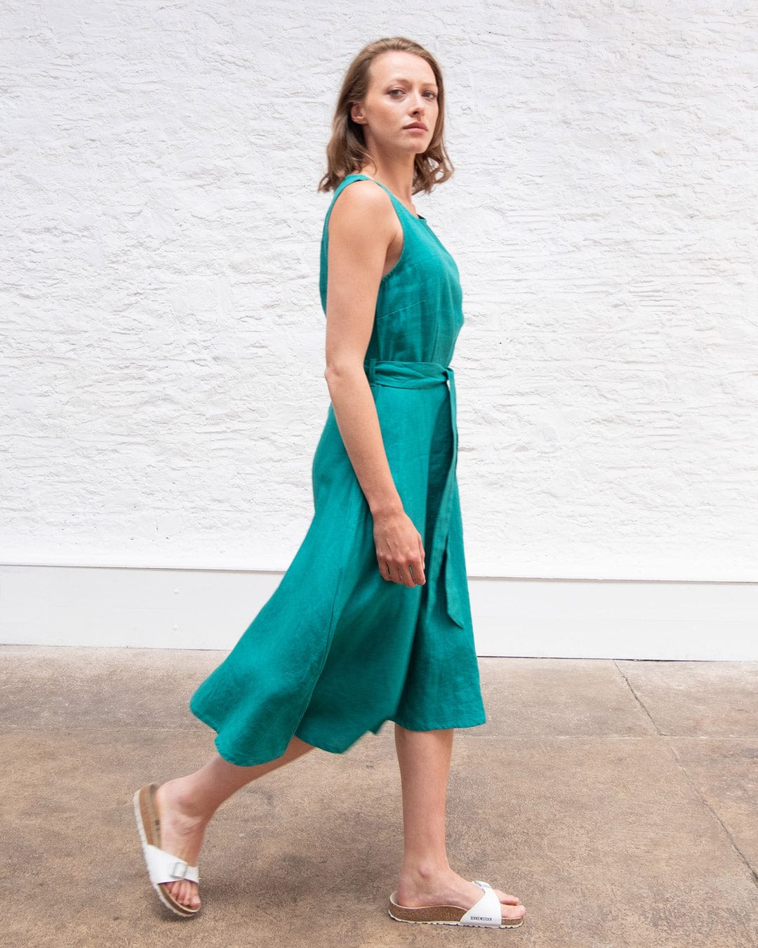Grace Linen Swing Dress - Flowy Summer Midi Dress with Short Sleeves | Jade Green | Perfect for Beach Vacation, Brunch & Casual Outings