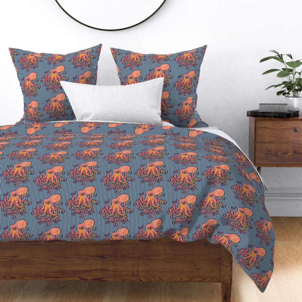 Coral Octopus Ocean Life Cotton Sateen Duvet Cover King/California King Size - Blue White Stripes Navy Nautical Animal Print Custom Bedding by Spoonflower | Perfect for Coastal, Nautical & Beach Themed Bedrooms