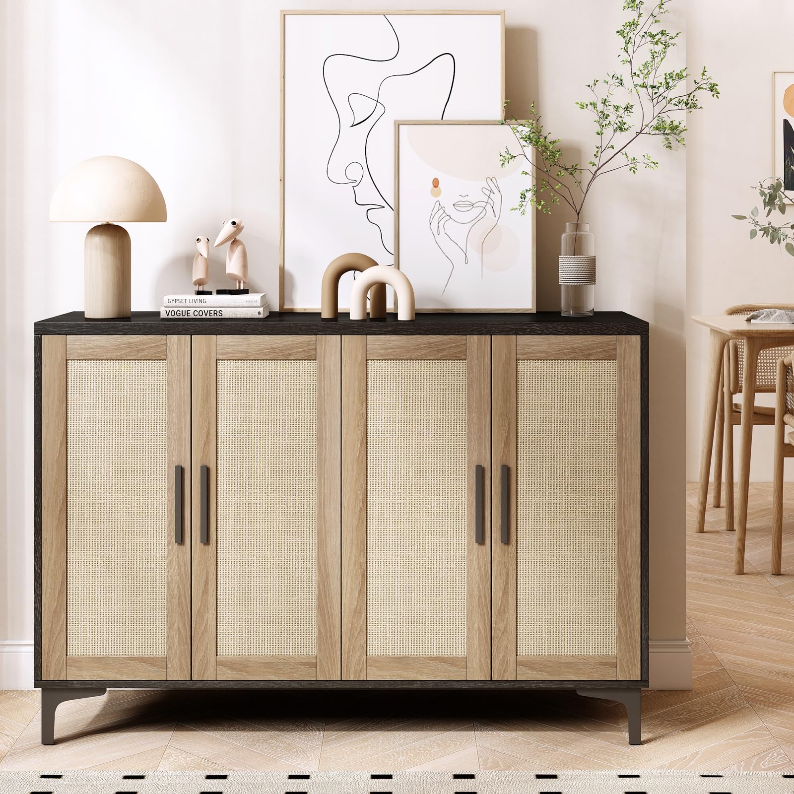 Rattan Sideboard Buffet Cabinet with Doors & Adjustable Shelves - Kitchen Storage Cabinet, Coffee Bar Console Table for Dining Room & Entryway - Black | Perfect for Small Space Organization & Home Decor