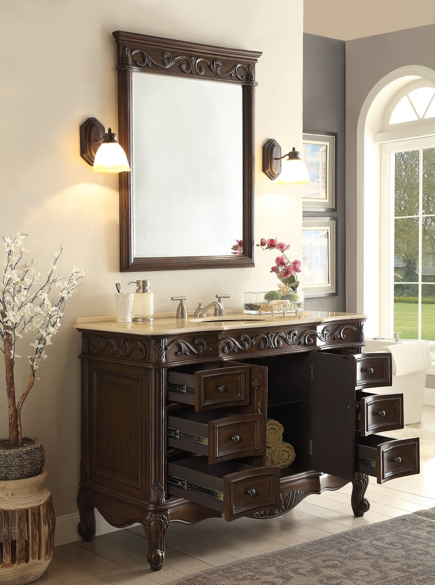 48 Inch Dark Brown Traditional Style Single Sink Cream Marble Bathroom Vanity with Soft-Close Drawers - Perfect for Master Bath, Guest Bath & Powder Room Renovations