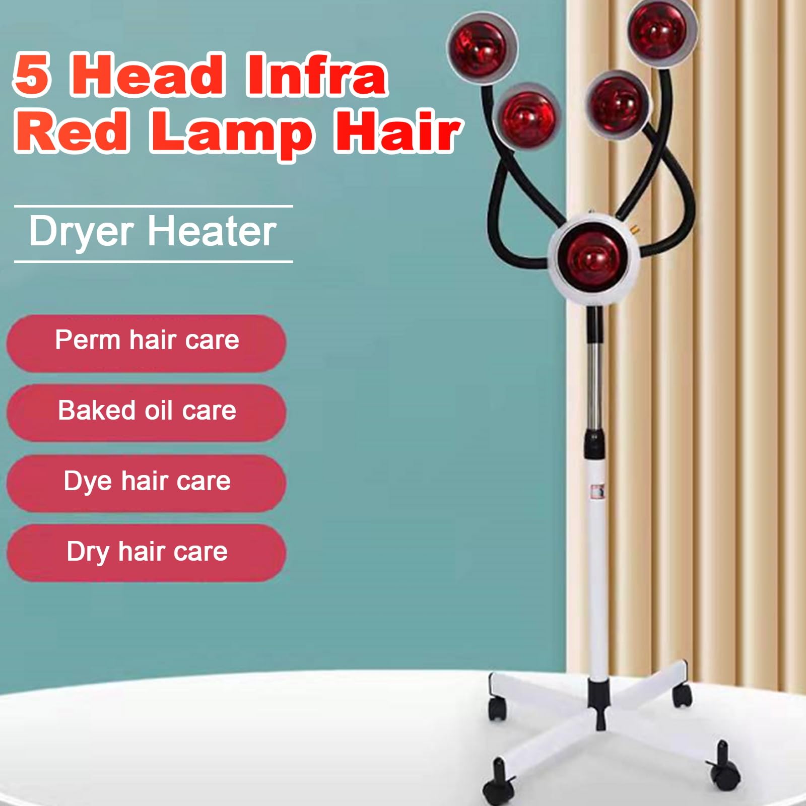Professional 750W 5-Head Infrared Light Therapy Lamp for Hair Steaming, Perming & Dyeing - Adjustable Height with Rolling Wheels - Salon & Home Hair Care Solution for Deep Conditioning & Scalp Treatment