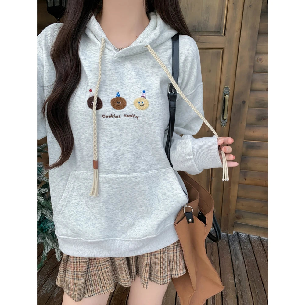 Women's Grey Embroidered Drawstring Hoodie - Korean Fashion Cotton Velvet Sweatshirt for Autumn Winter | Casual Streetwear & Vacation Outfit