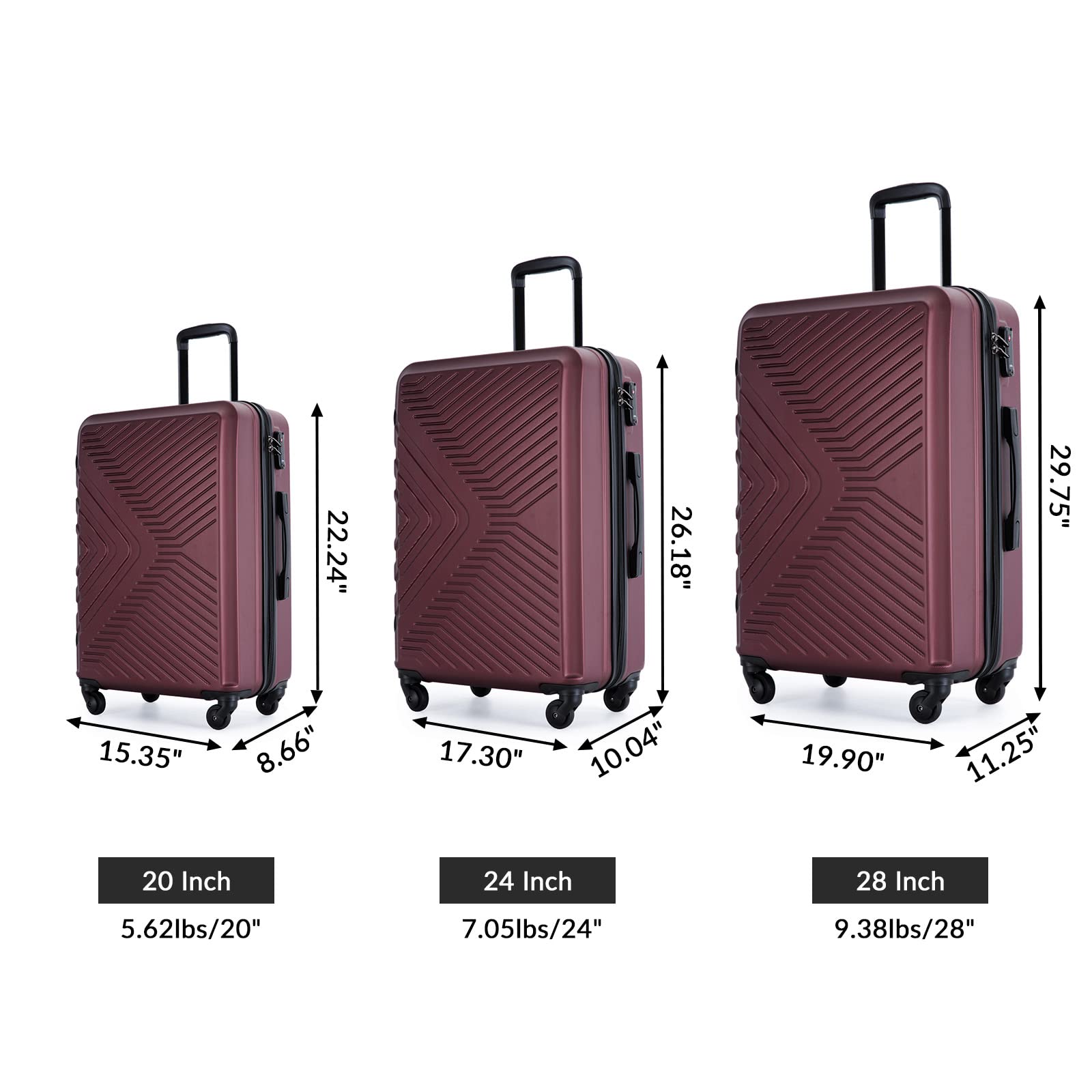 3 Piece ABS Hard Shell Luggage Set with Spinner Wheels & TSA Lock - 20in 24in 28in Carry On Checked Suitcase for Air Travel, Business Trips, Back to School & Vacation (Durable Lightweight Luggage for Men & Women)
