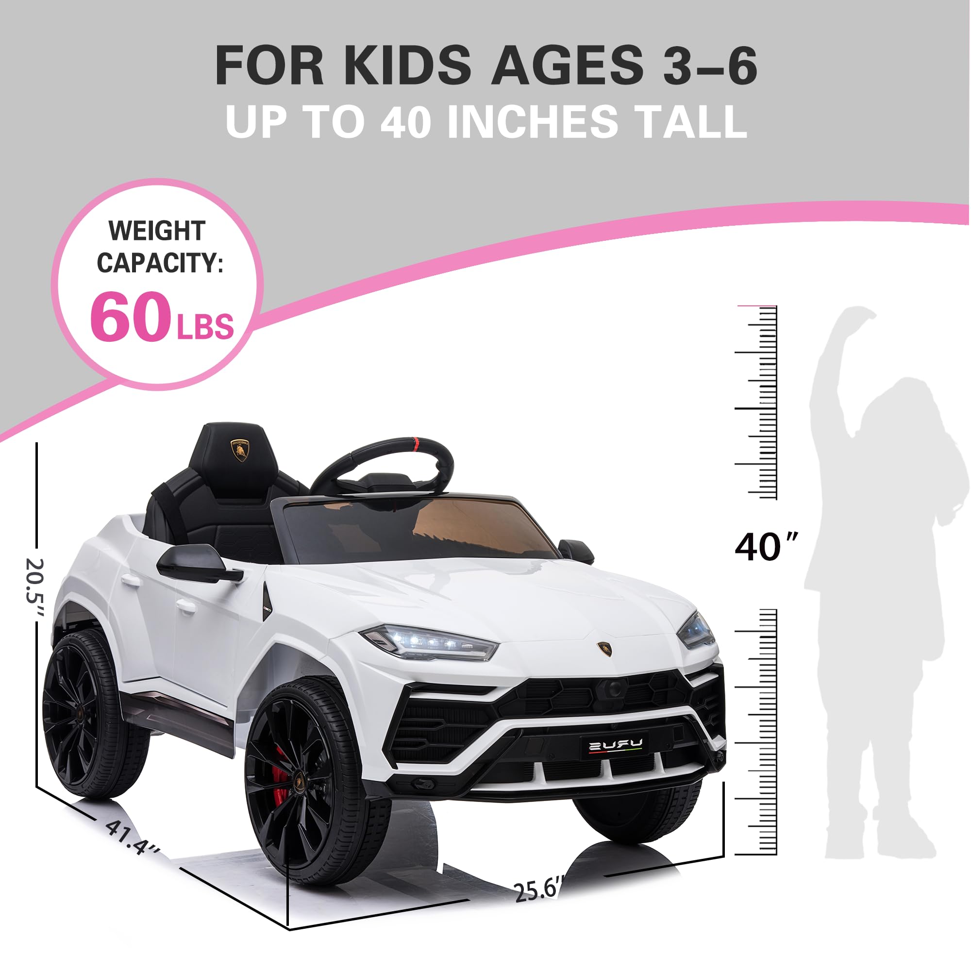 Licensed Lamborghini Urus 12V Electric Ride-On Car for Kids - Remote Control, 2 Speeds, LED Headlights, Music & Aux - Perfect for Birthday Gifts & Outdoor Play (White)