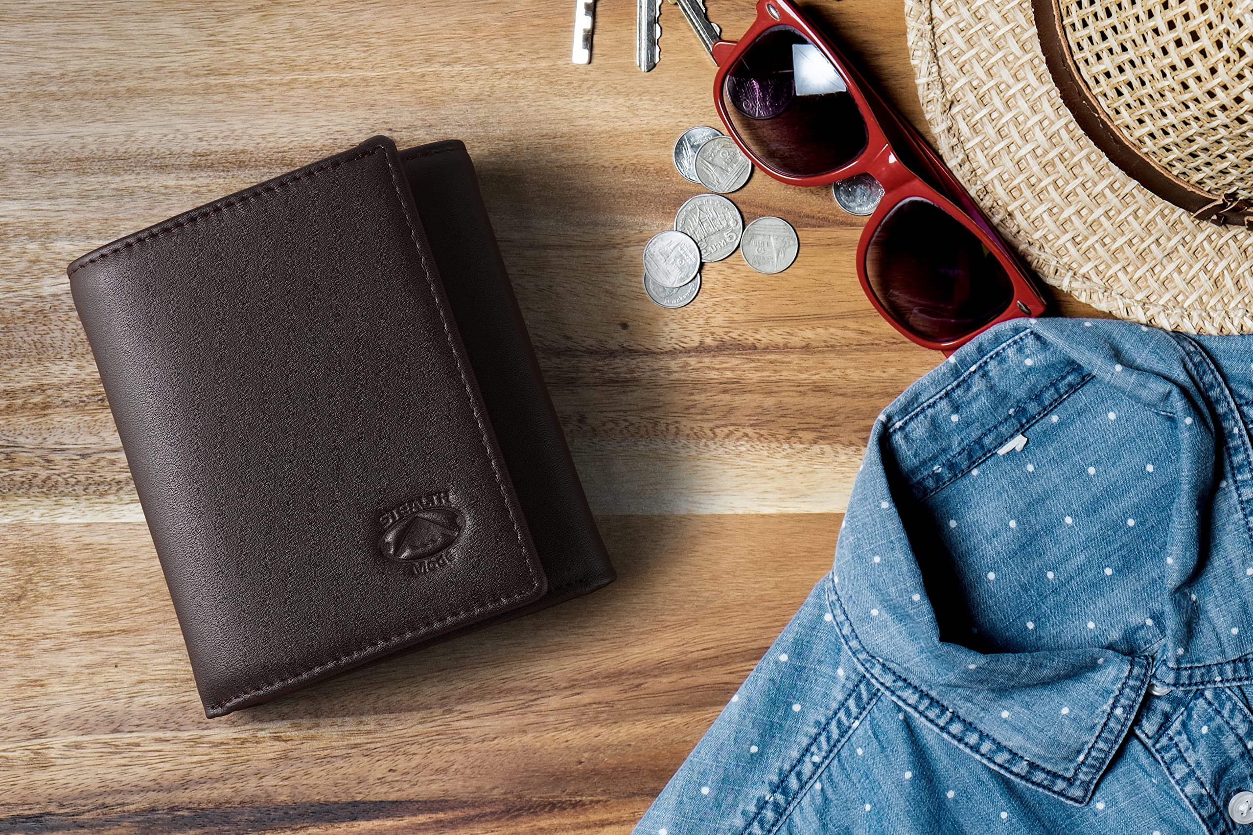 Stealth Mode Leather RFID Blocking Trifold Wallet for Men - Flip Out ID Holder & Card Slots - Premium Coffee Brown - Perfect for Travel, Business & Everyday Use