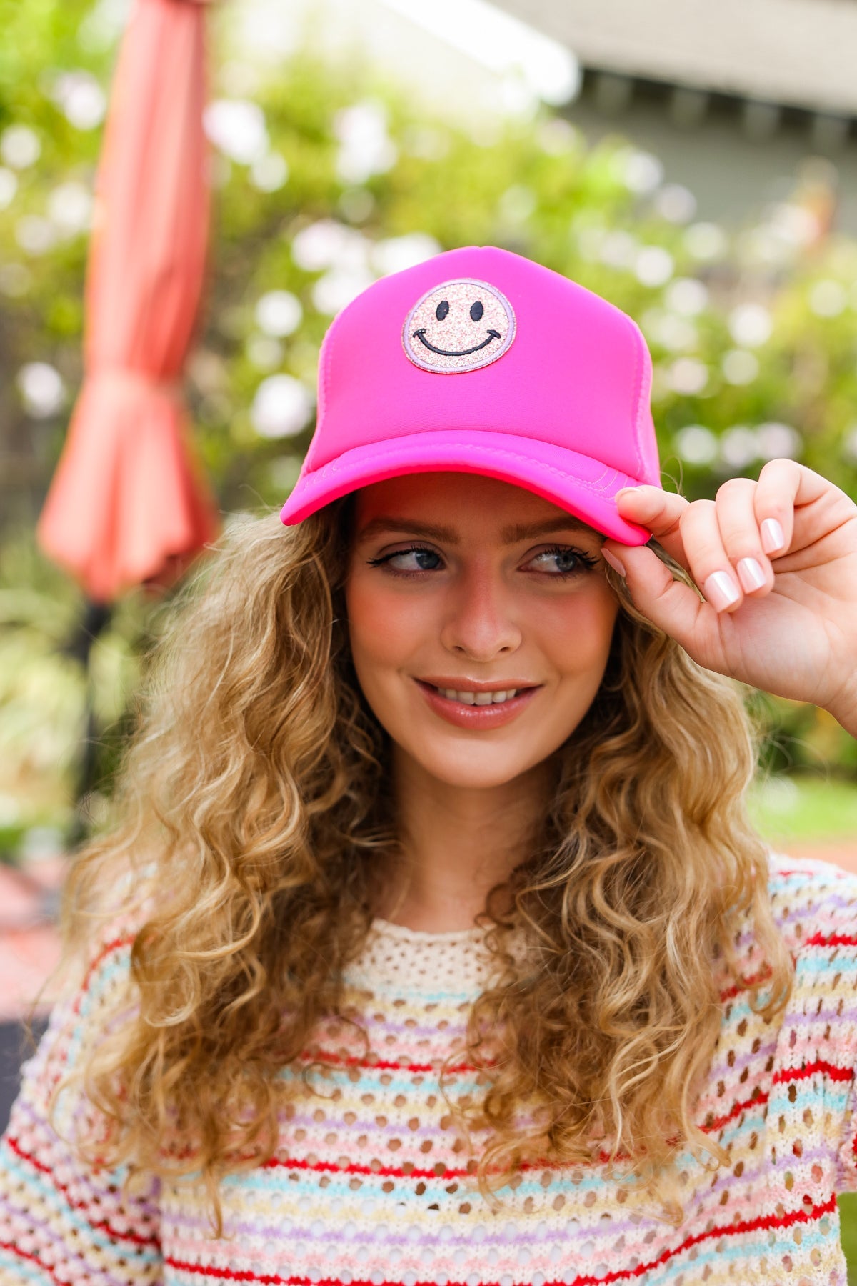 Neon Pink Glitter Smiley Face Mesh Trucker Hat - Trendy Unisex Baseball Cap for Women & Men - Perfect for Festivals, Concerts, Raves & Summer Outfits