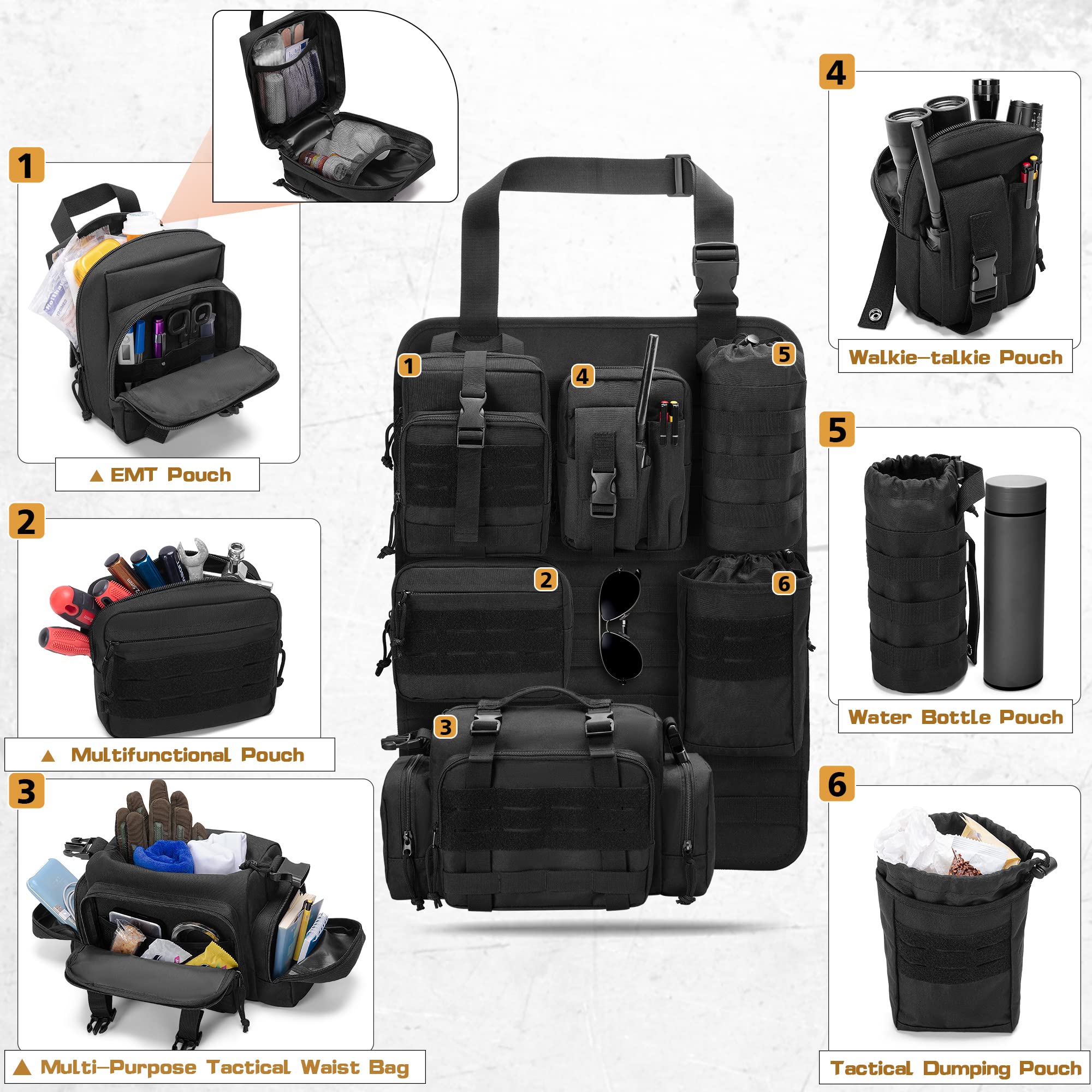 Tactical Seat Back Organizer - Universal Car Seat Cover with 6 Molle Pouches for Truck, SUV, Pickup | Durable Storage Bag for Tactical Gear & Accessories | Perfect for Road Trips, Camping & Outdoor Adventures