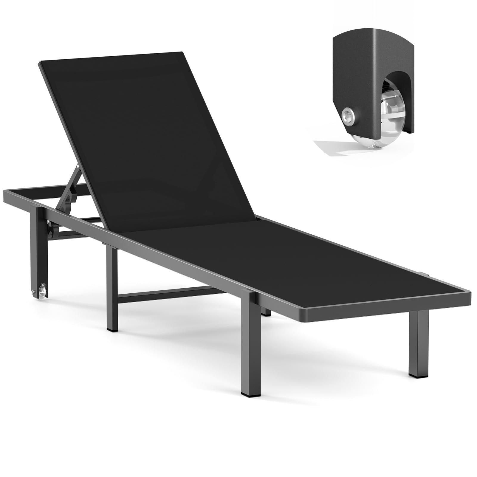 Aluminum Chaise Lounge Chair with Wheels - 5-Position Adjustable Recliner Outdoor Patio Chair for Tanning, Sunbathing - Perfect for Backyard, Poolside, Beach & Garden Relaxation
