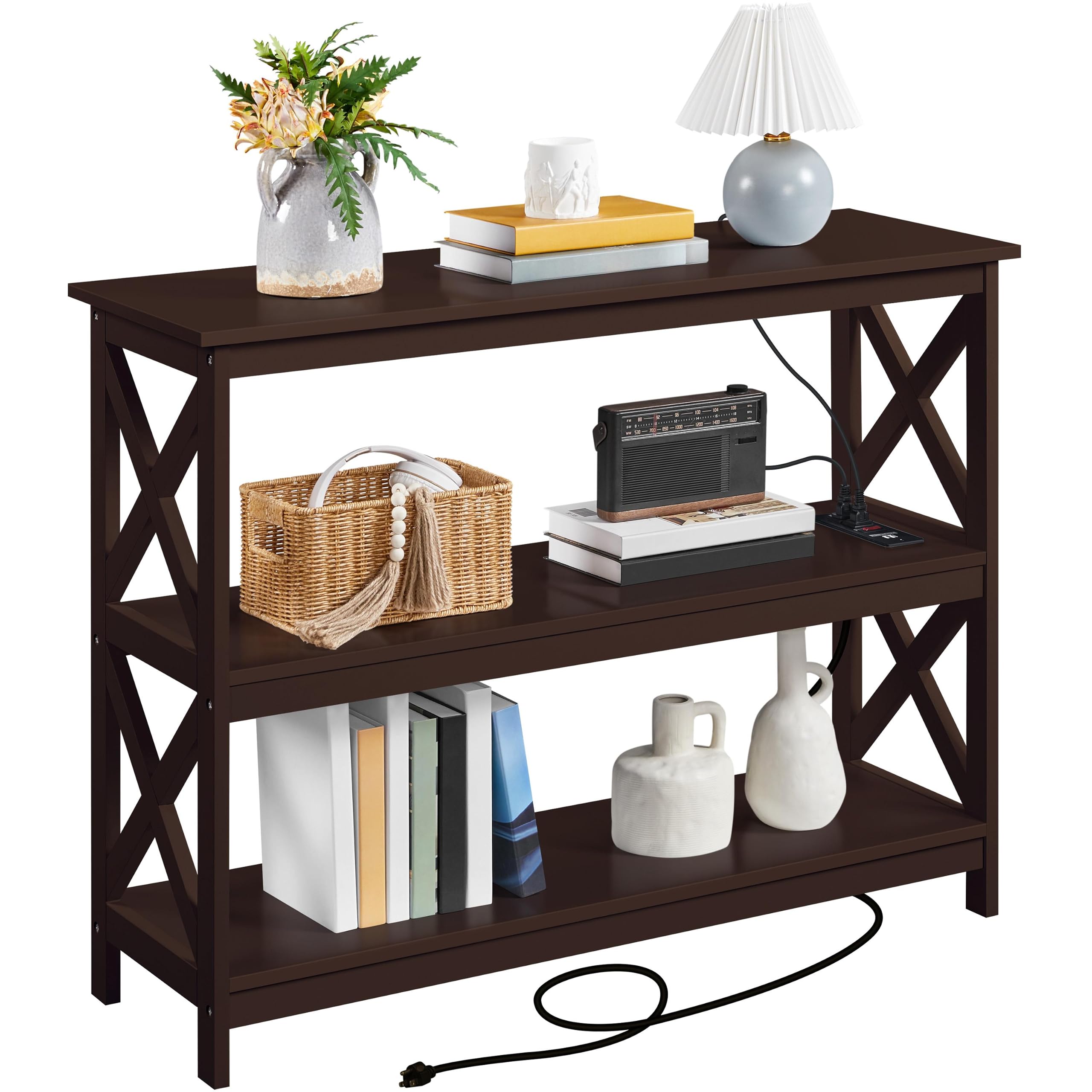 Yaheetech 3-Tier Narrow Console Table with Power Outlet & Storage Shelves - Wooden Entryway Sofa Table for Living Room, Hallway, Bedroom - Perfect for Small Spaces & Charging Devices