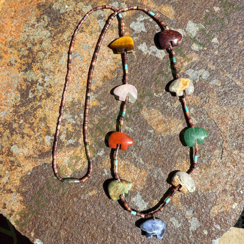 Authentic Vintage Zuni Bear Fetish Necklace with Natural Gemstone Heishi Beads | Native American Jewelry for Spiritual Protection & Style | Perfect for Ceremonies, Gifts & Boho Fashion