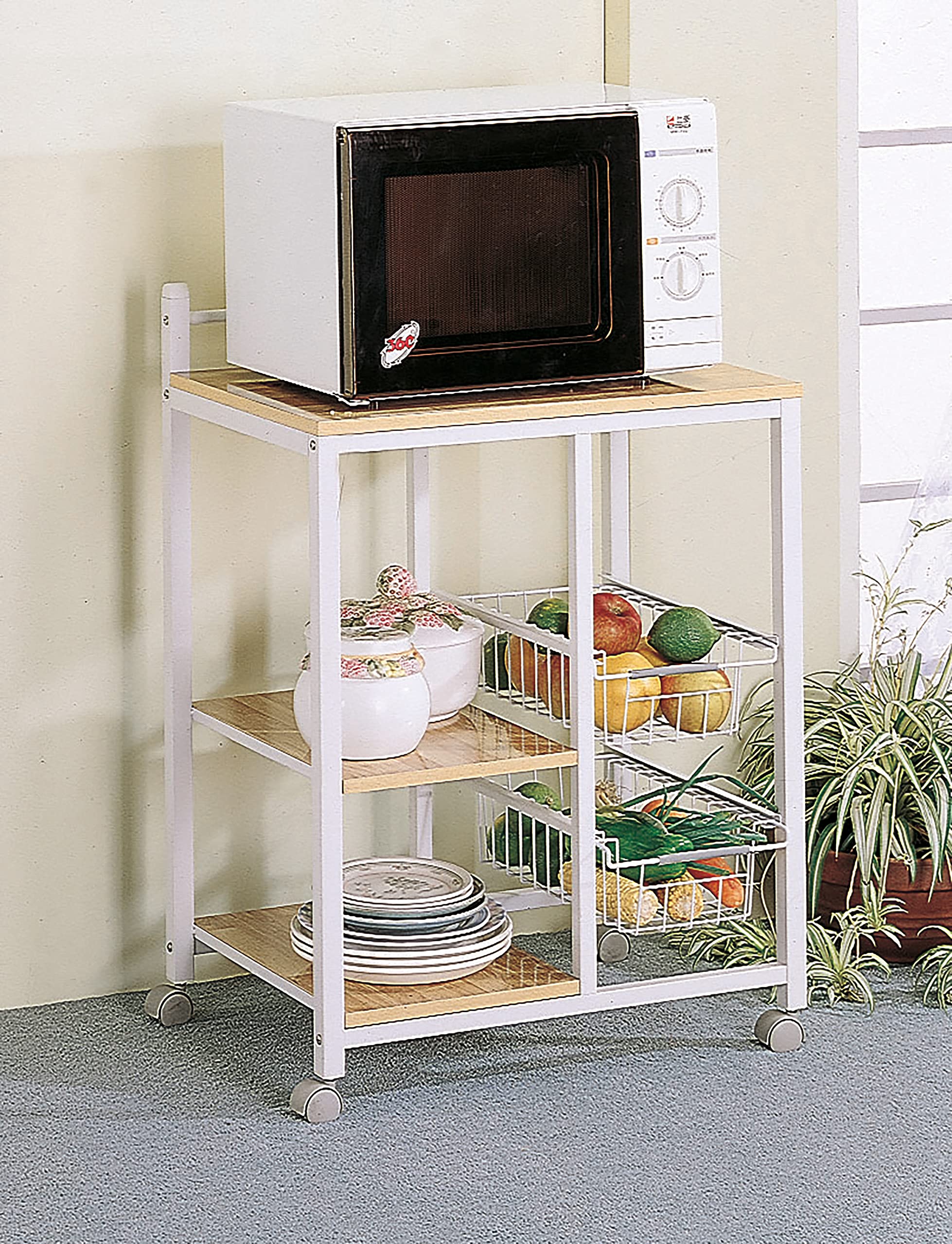 3-Shelf Kitchen Cart with 2 Storage Compartments - Natural Brown & White Rolling Utility Cart for Small Spaces - Perfect for Kitchen Organization, Bathroom Storage, or Office Supplies