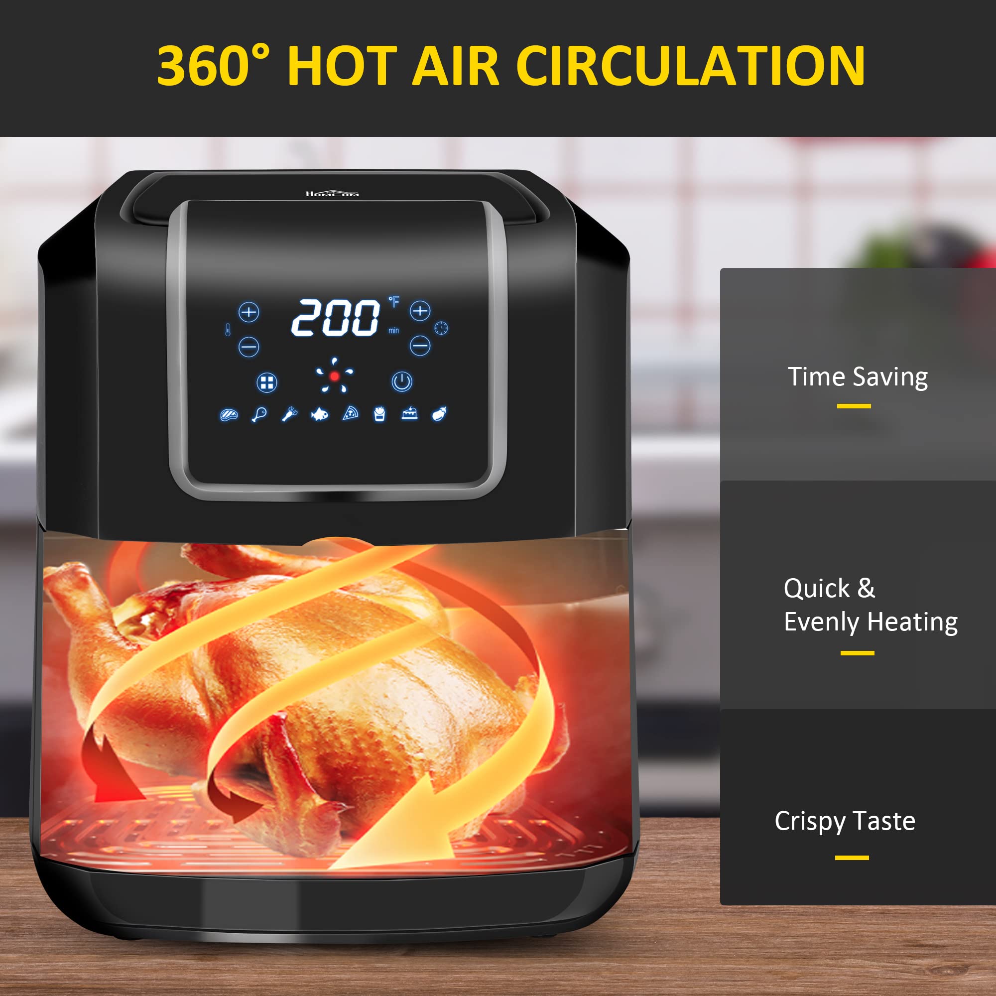 HOMCOM 1700W 6.9QT Digital Air Fryer Oven with 360° Circulation, Adjustable Temp & Timer, Nonstick Basket for Healthy Oil-Free Cooking - Perfect for Family Meals, Snacks & Low-Fat Diets (Black)