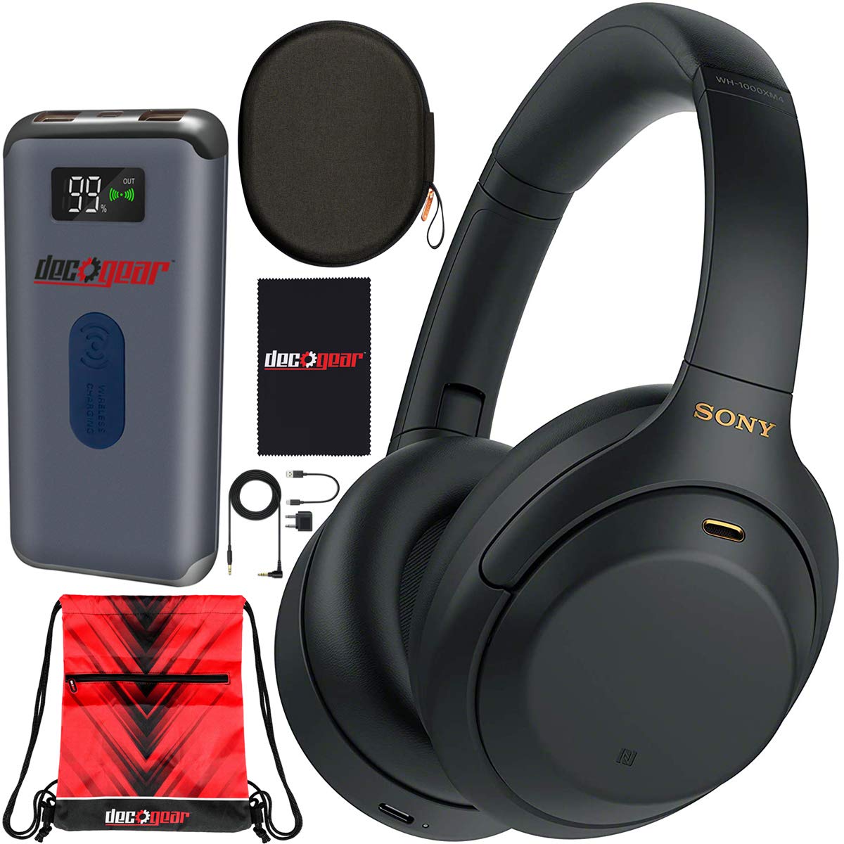 Sony WH-1000XM4 Wireless Noise Cancelling Over-Ear Headphones with Mic, Alexa Voice Control & 30-Hour Battery - Perfect for Travel, Workouts & Home Office (Black) - Includes Case, Portable Charger & Gym Bag