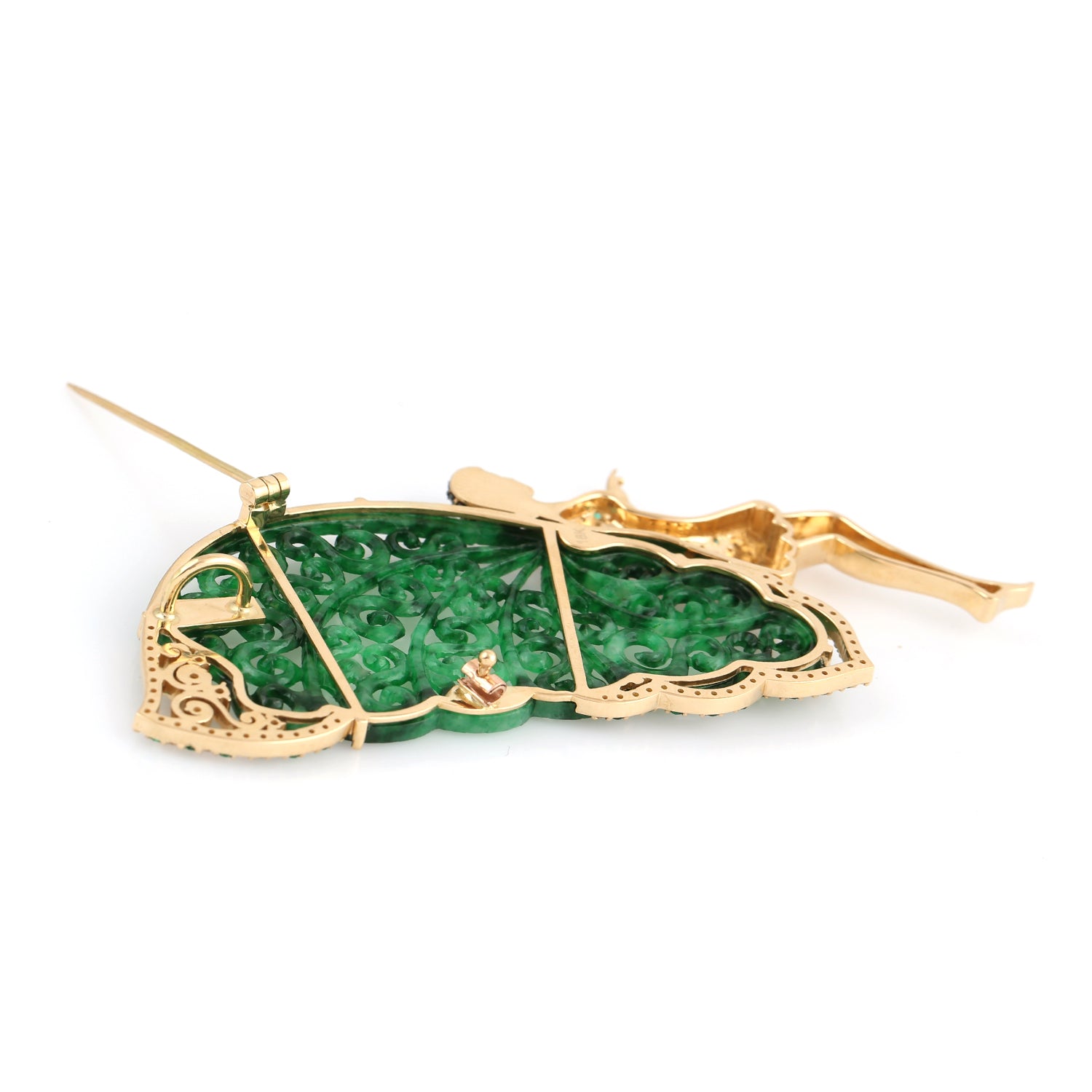 Exquisite 14K Gold Angel Brooch with Carved Jade, Emerald & Diamond Accents – Perfect for Weddings, Anniversaries & Special Occasions