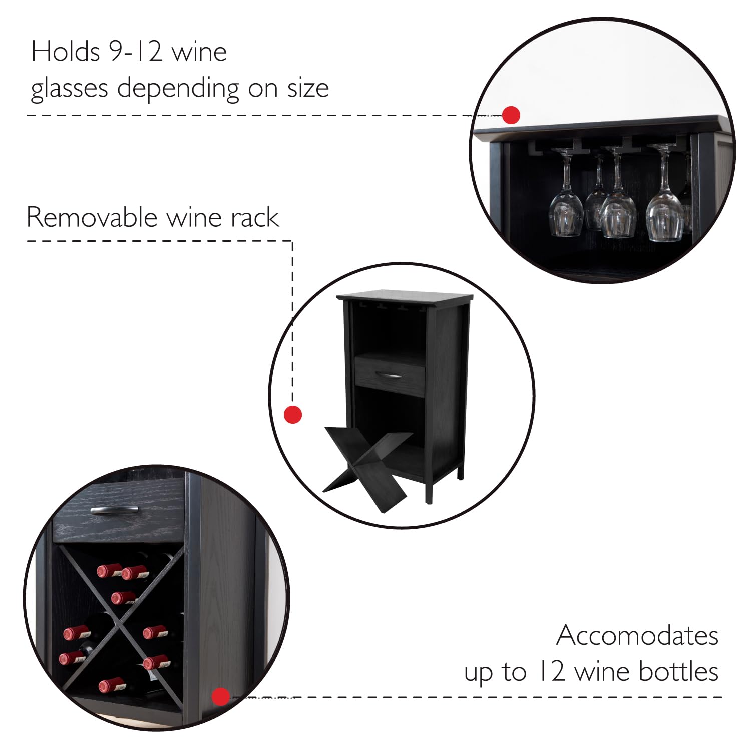 Leick Home 9500-BK Leah Mini Bar Cabinet - Black Wine Bottle & Stemware Storage Organizer for Dining Room, Kitchen, or Home Bar Decor