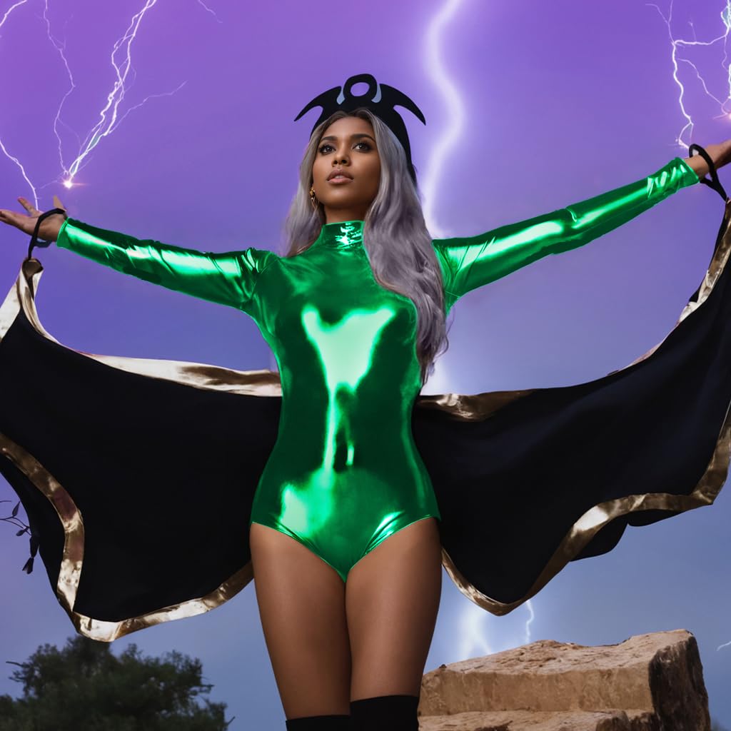 Women's Long Sleeve Metallic Shiny Dance Leotard - Turtleneck Latex Bodysuit for Performance, Cosplay & Nightclub Outfits