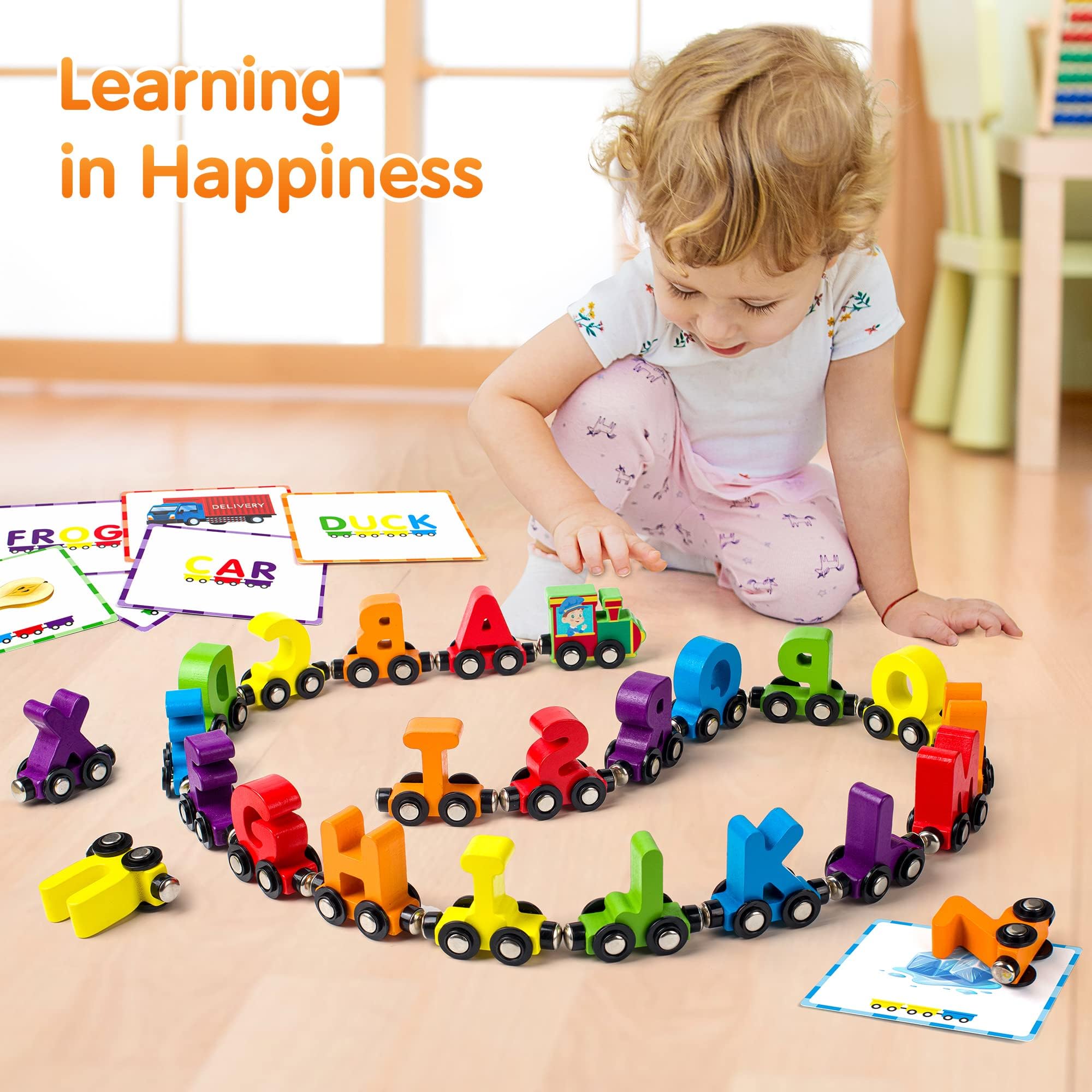 Vanmor 27 PCS Magnetic Wooden Alphabet Train Set | ABC Letter Learning Toy with 42 Flash Cards, Engine & Storage Bag | Educational Toys for Toddlers Ages 3-7 | Preschool Learning, Homeschool & Classroom Activities