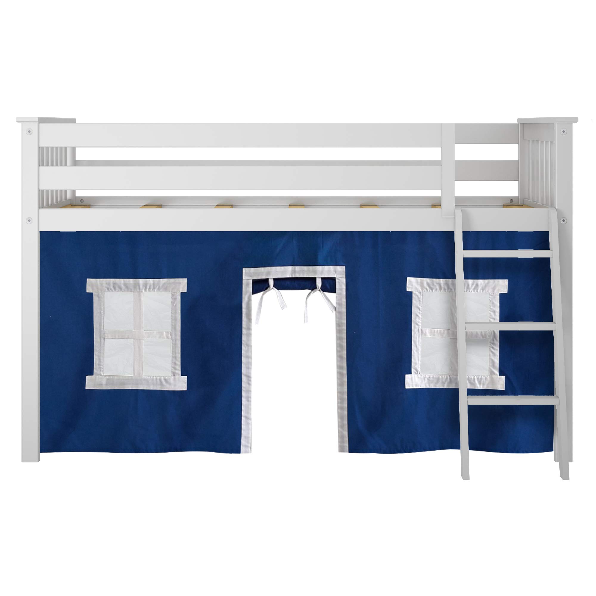 Max & Lily Low Loft Twin Bed Frame for Kids with Play Curtains - White & Blue - Space-Saving Kids Bedroom Furniture for Small Rooms & Play Areas