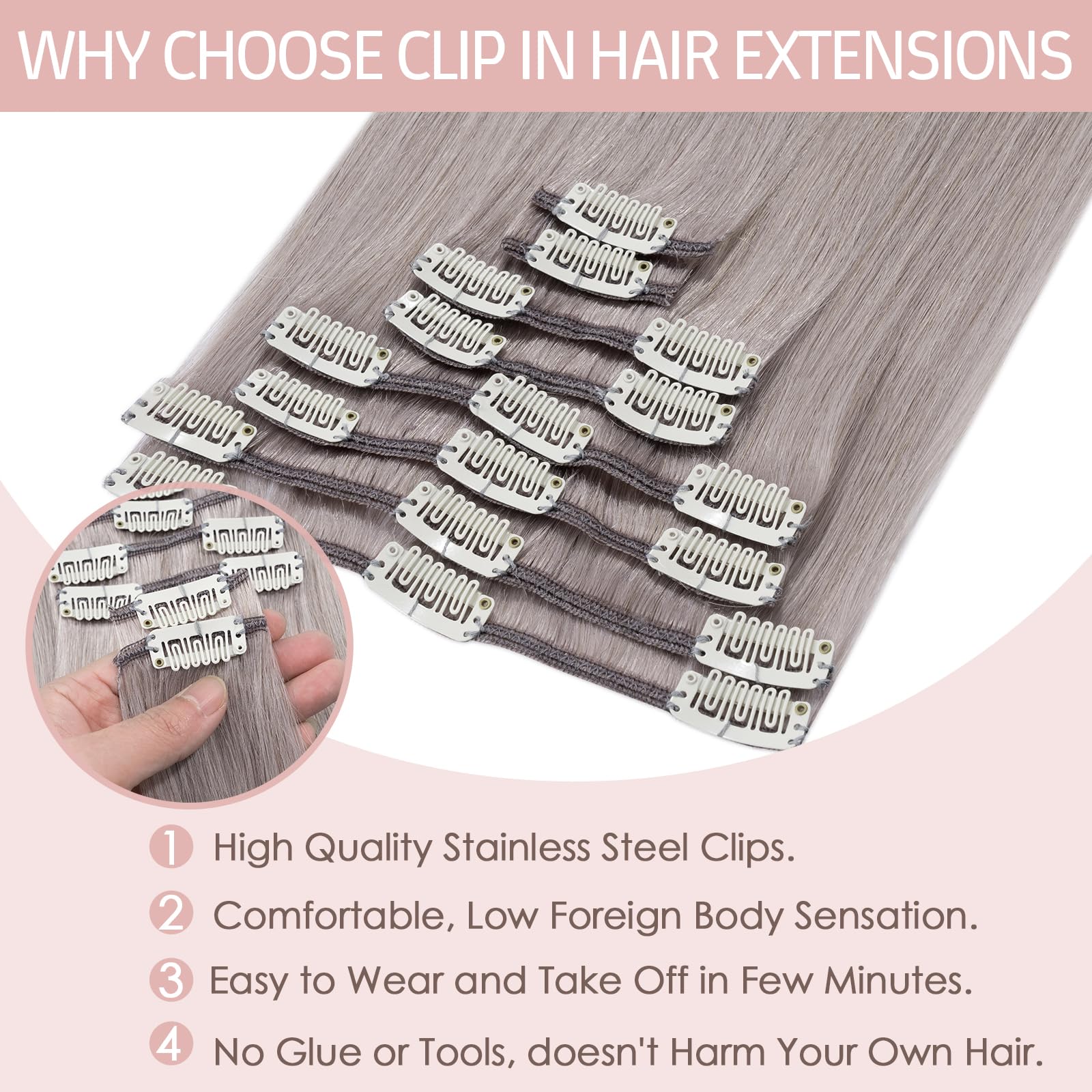 10 Inch Real Human Hair Clip in Hair Extensions - 100% Remy Straight Grey Hair - 8 PCS 50g Thin Weft for Natural Look | Perfect for Daily Wear, Parties & Special Occasions