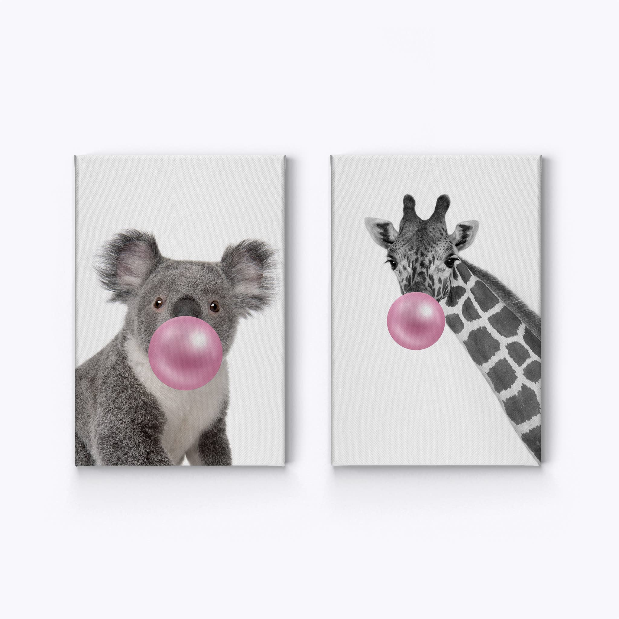 Koala & Giraffe Bubble Gum Art Canvas Print Set - 2 Panel Pink Gum Black White Wall Decor for Nursery, Baby Room, Kids Bedroom - Ready to Hang 40x30 - Made in USA | Perfect for Animal-Themed Nursery Decor & Children's Playroom Wall Art
