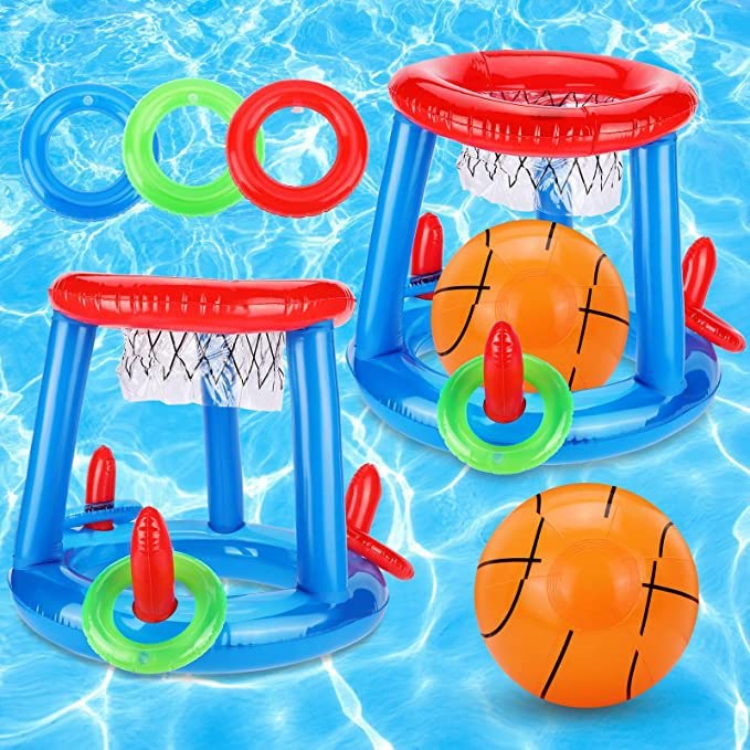 2-in-1 Inflatable Pool Floats Toys Set with Basketball Hoop & Ring Toss Game - Fun Outdoor Water Toys for Kids, Toddlers & Adults - Perfect for Summer Pool Parties, Family Gatherings & Backyard Swimming Activities